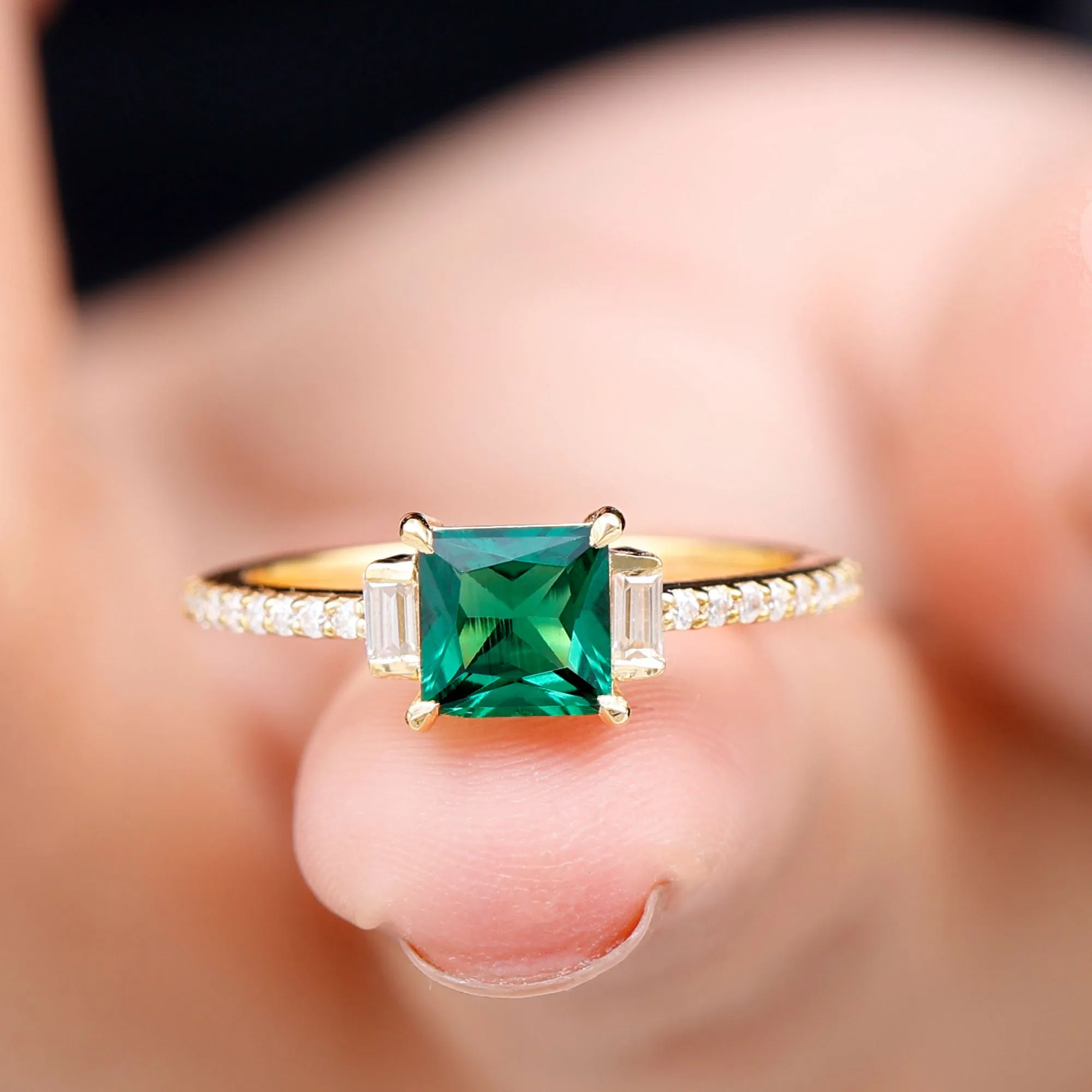 Princess Cut Created Emerald Solitaire Engagement Ring