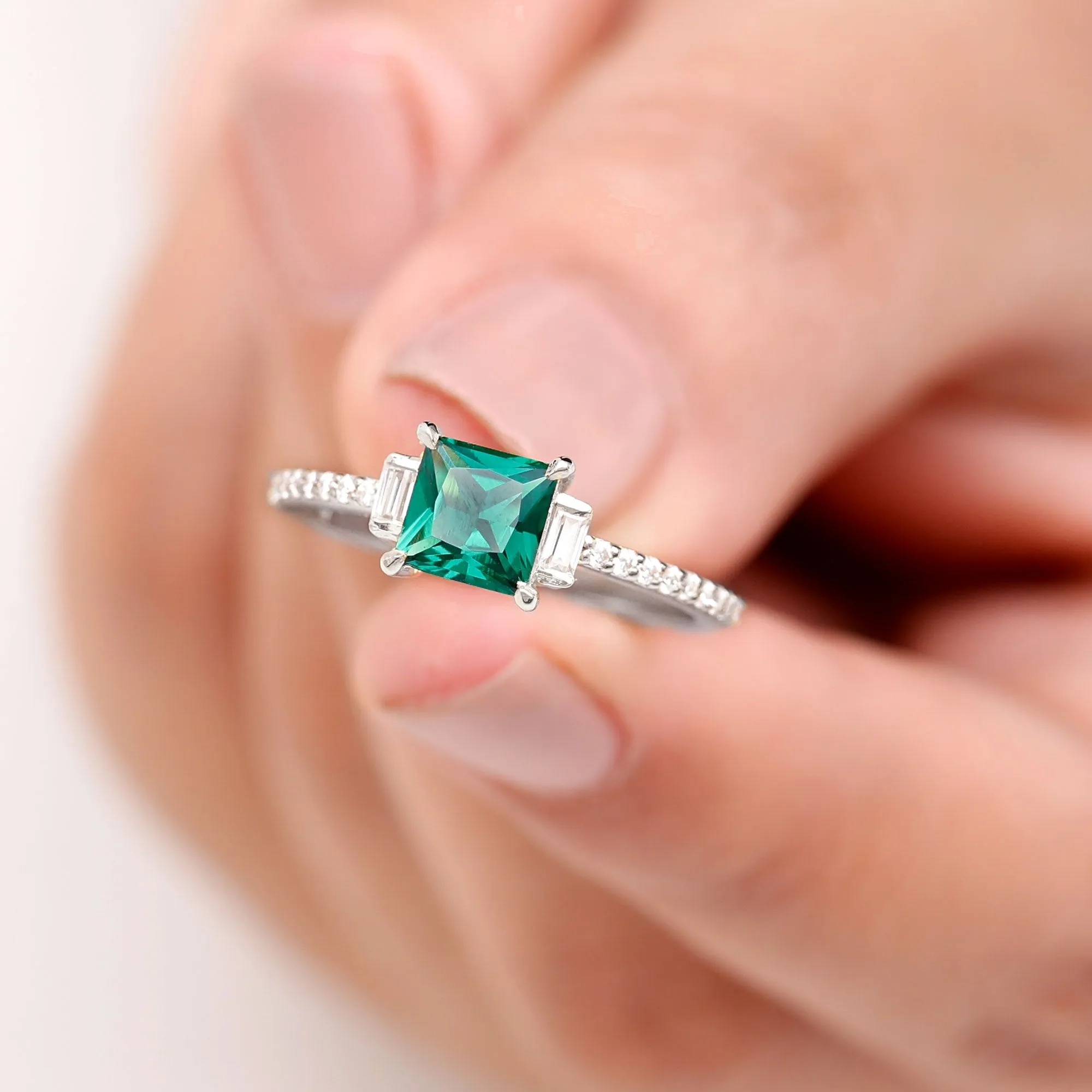 Princess Cut Created Emerald Solitaire Engagement Ring