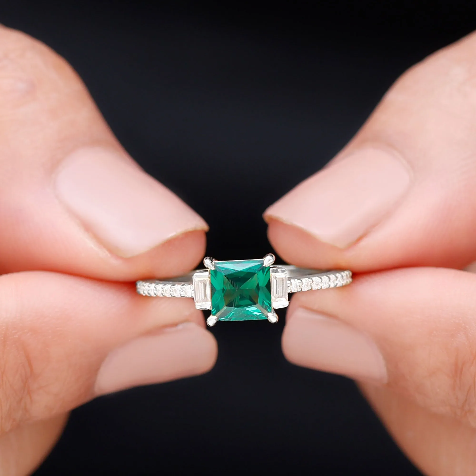 Princess Cut Created Emerald Solitaire Engagement Ring