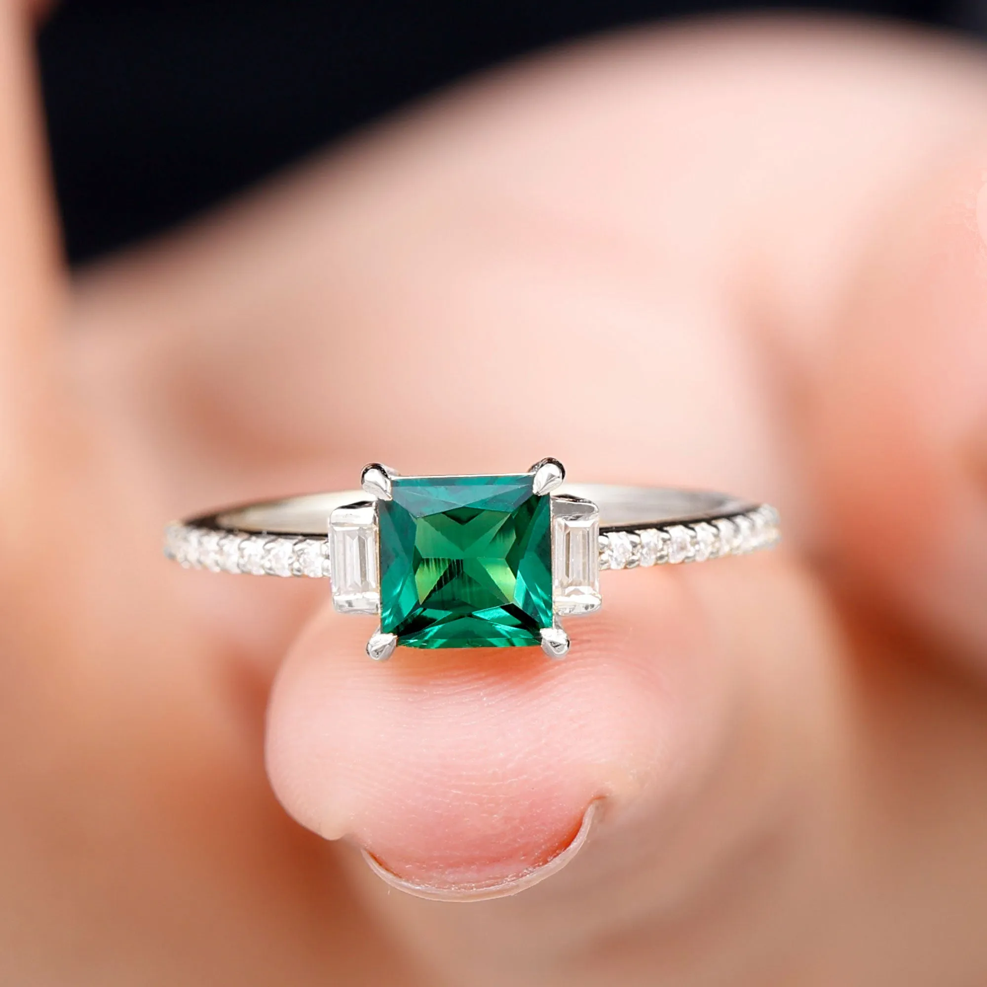 Princess Cut Created Emerald Solitaire Engagement Ring