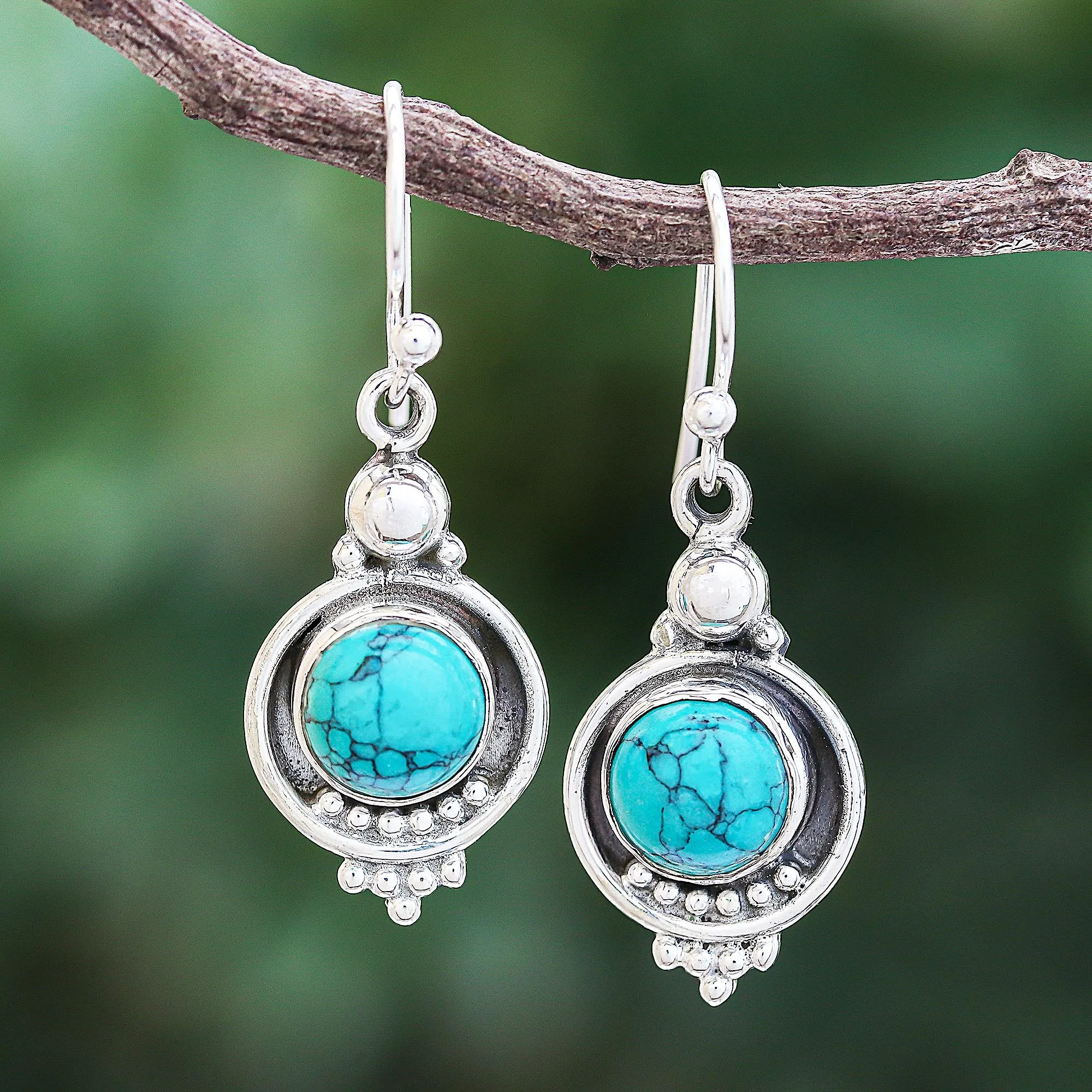 Reconstituted Turquoise Sterling Silver Dangle Earrings - Classic Moon | NOVICA