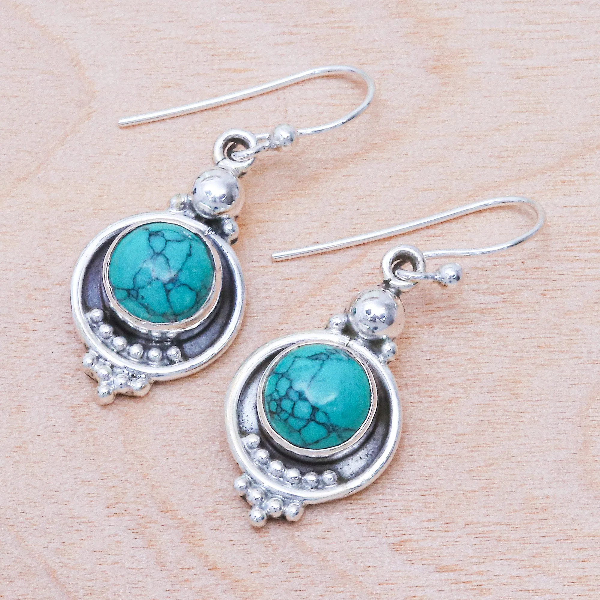 Reconstituted Turquoise Sterling Silver Dangle Earrings - Classic Moon | NOVICA