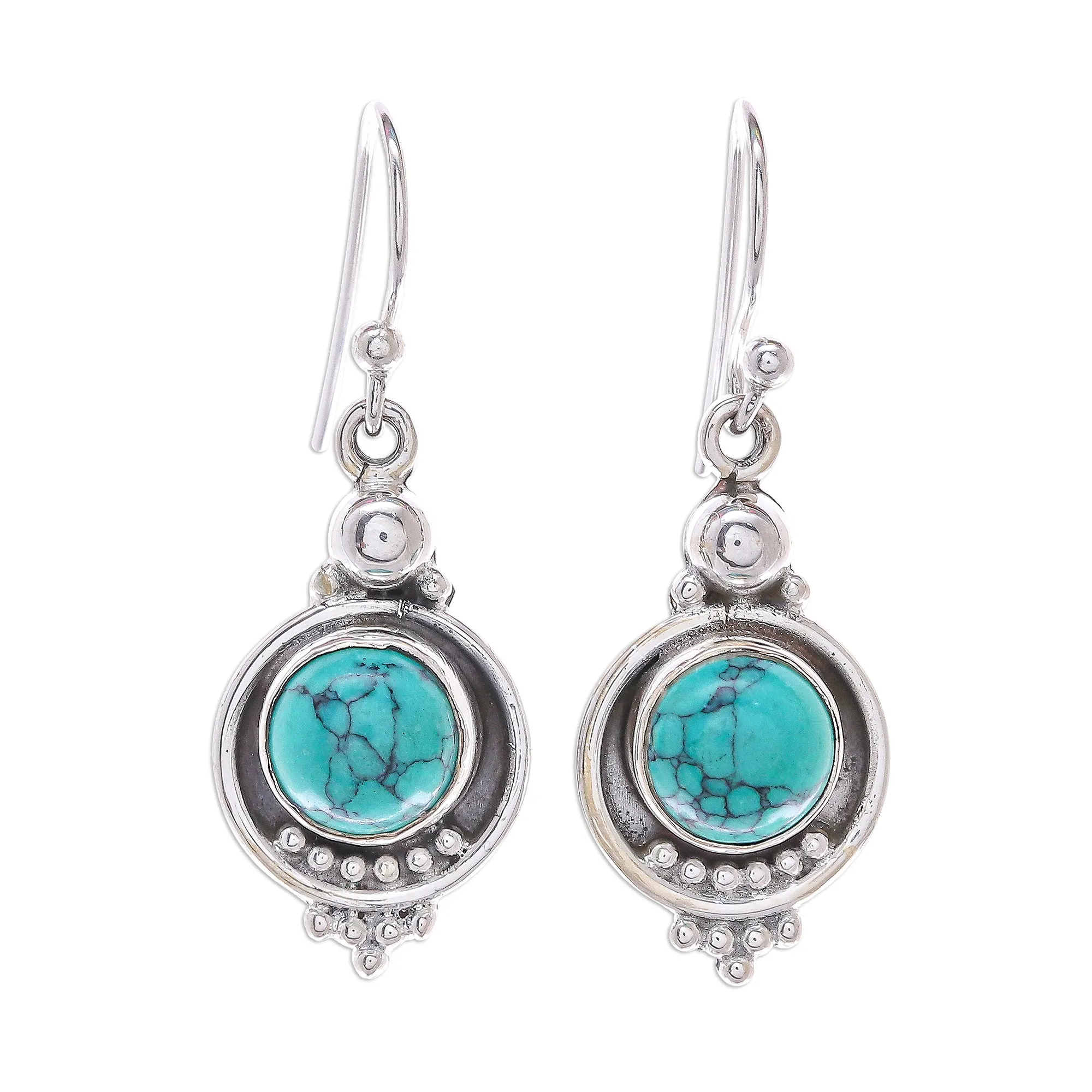 Reconstituted Turquoise Sterling Silver Dangle Earrings - Classic Moon | NOVICA