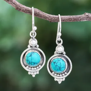 Reconstituted Turquoise Sterling Silver Dangle Earrings - Classic Moon | NOVICA