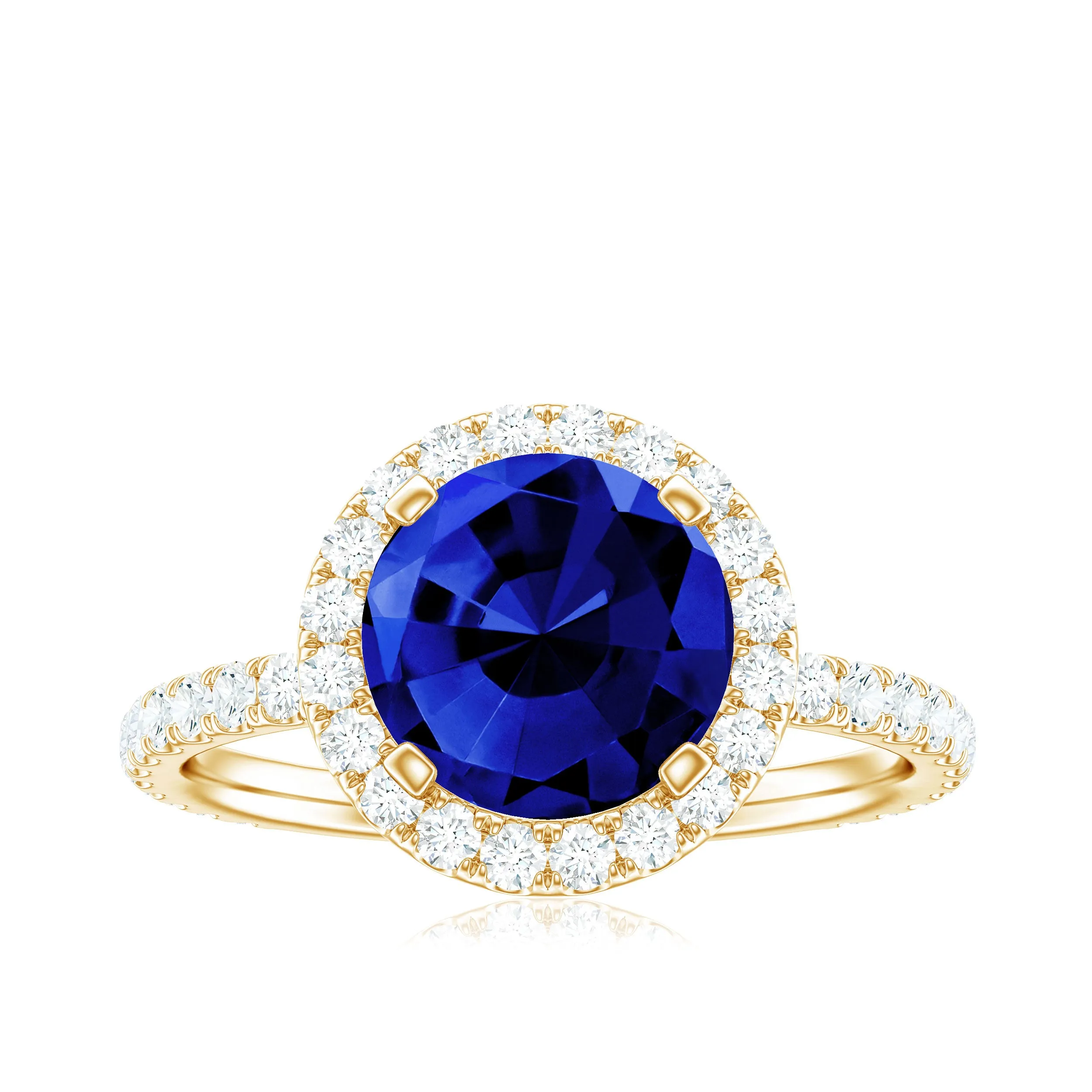 Round Created Blue Sapphire Classic Halo Engagement Ring with Diamond