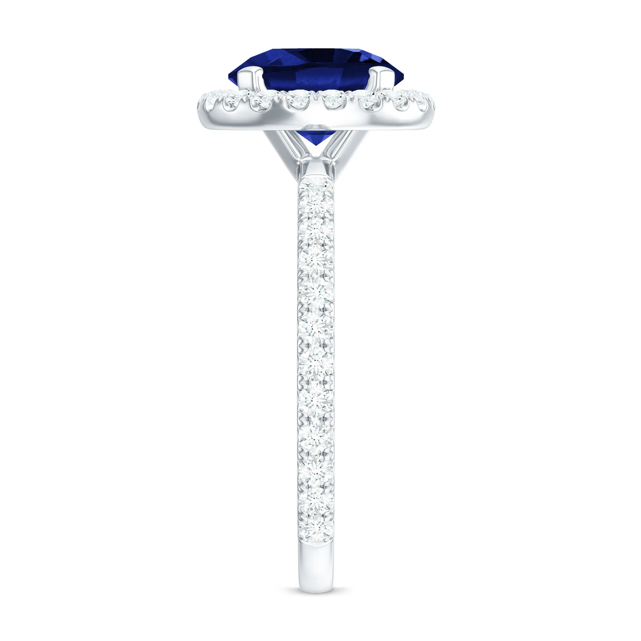 Round Created Blue Sapphire Classic Halo Engagement Ring with Diamond