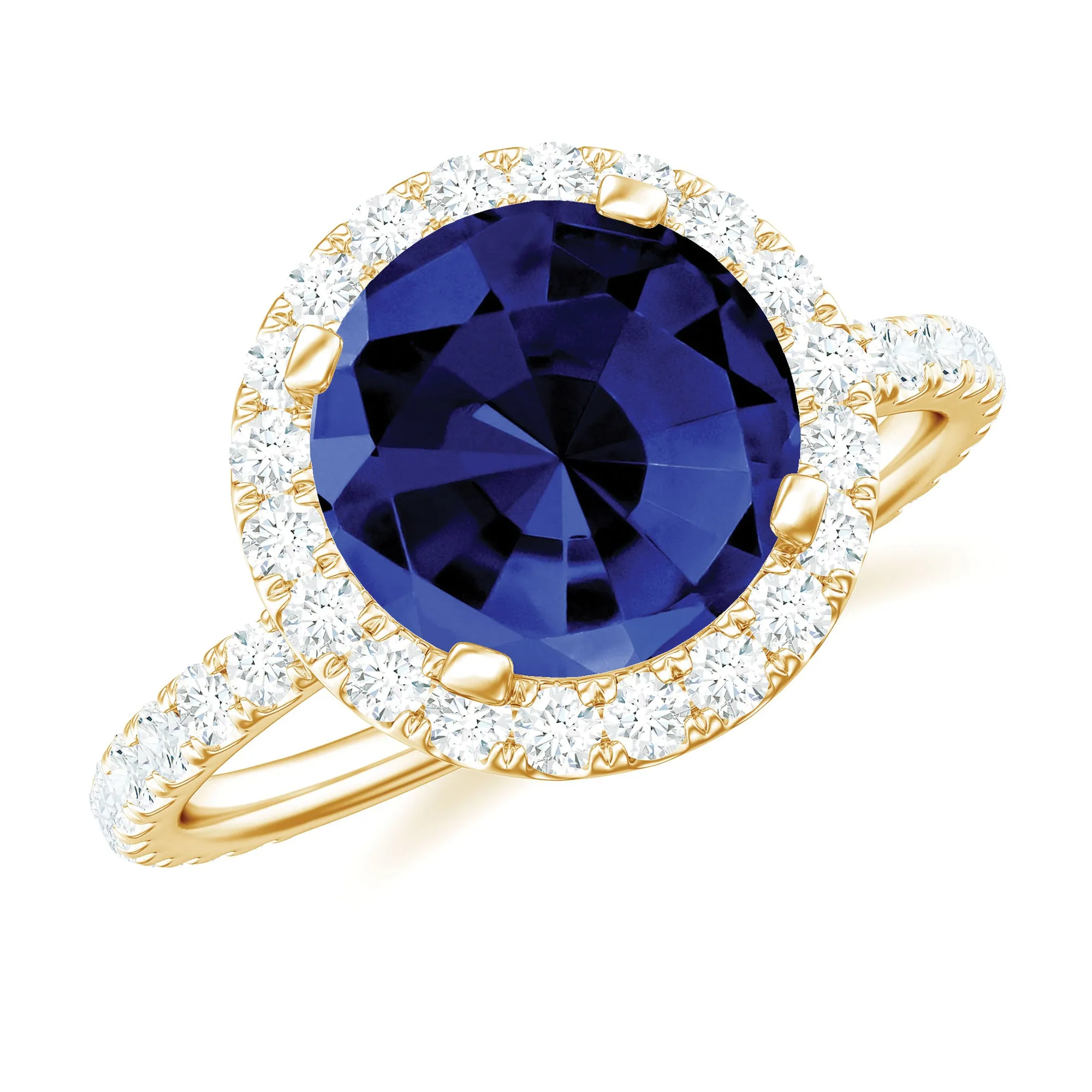 Round Created Blue Sapphire Classic Halo Engagement Ring with Diamond