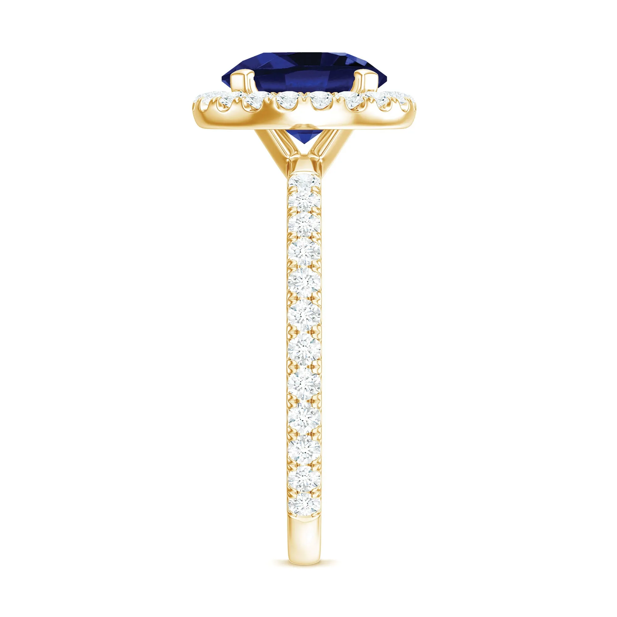 Round Created Blue Sapphire Classic Halo Engagement Ring with Diamond