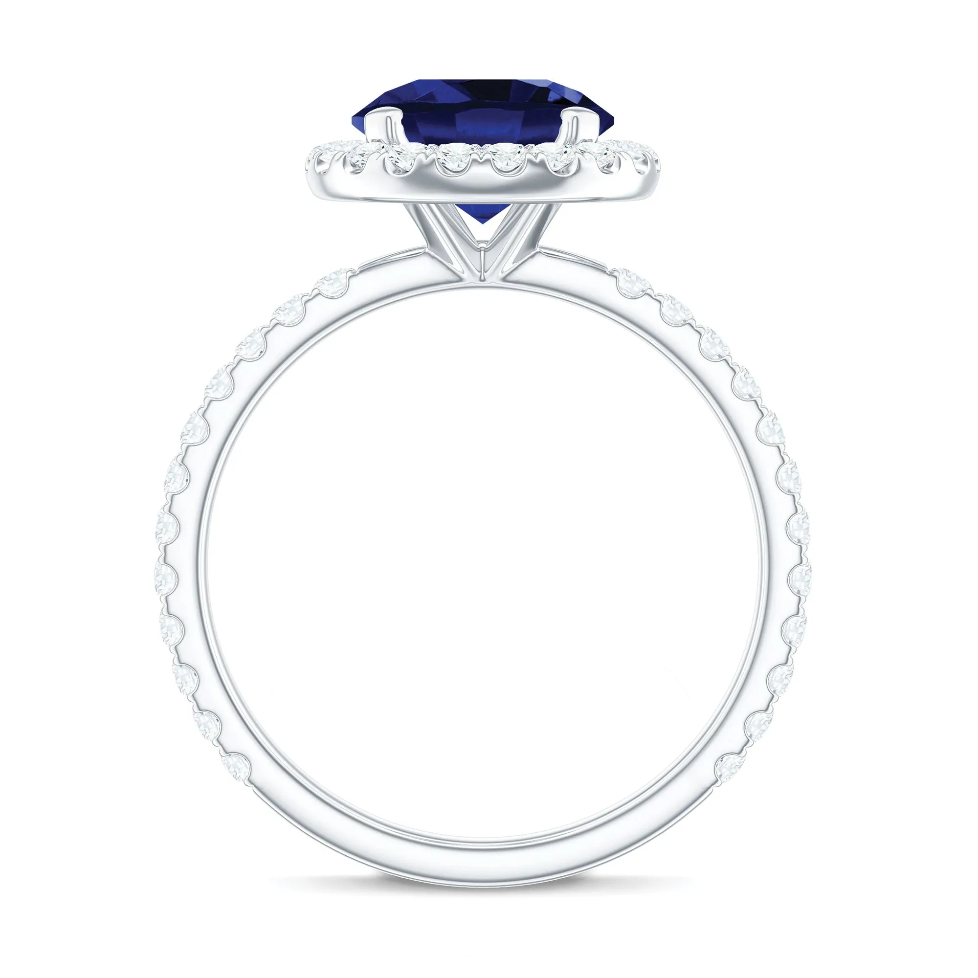 Round Created Blue Sapphire Classic Halo Engagement Ring with Diamond