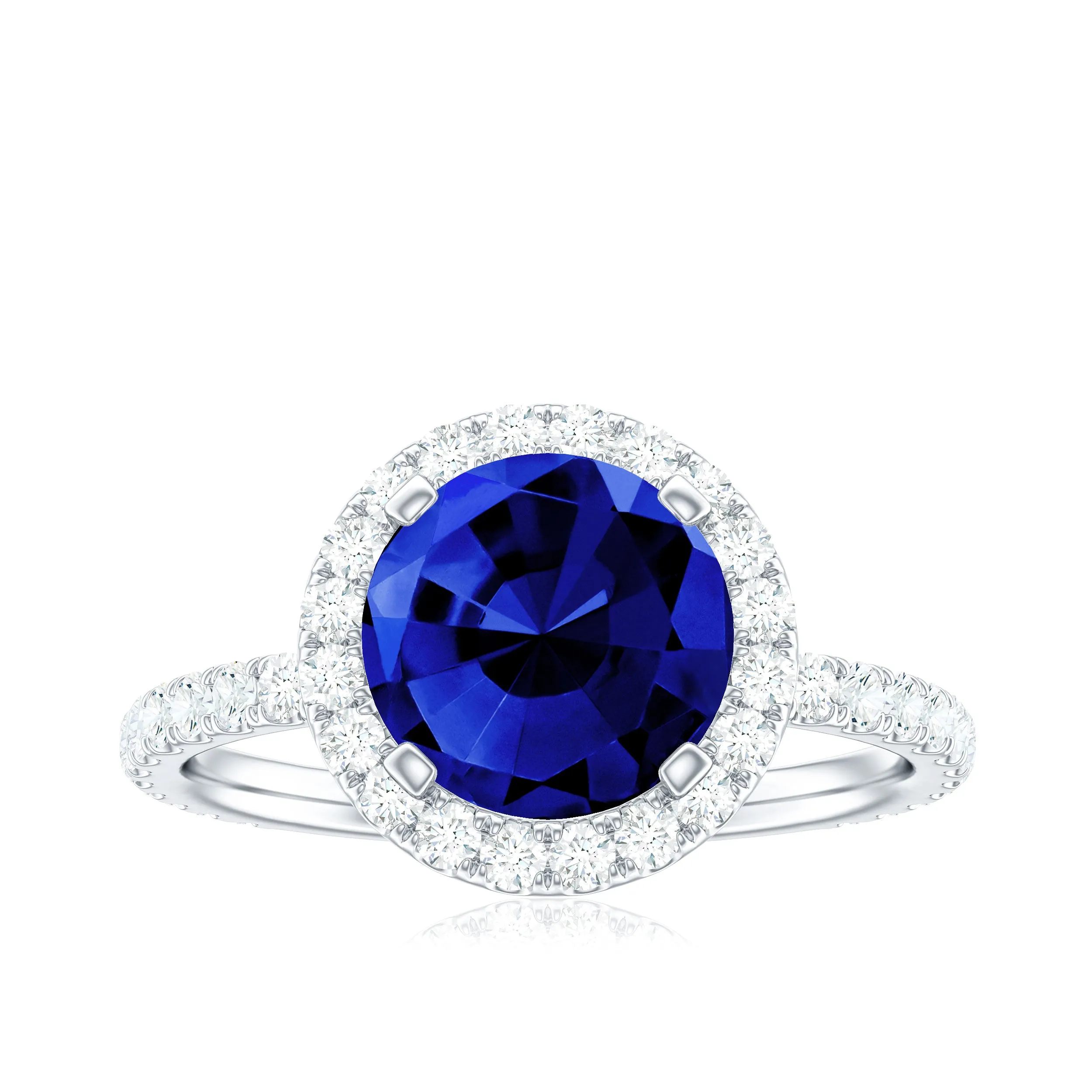Round Created Blue Sapphire Classic Halo Engagement Ring with Diamond