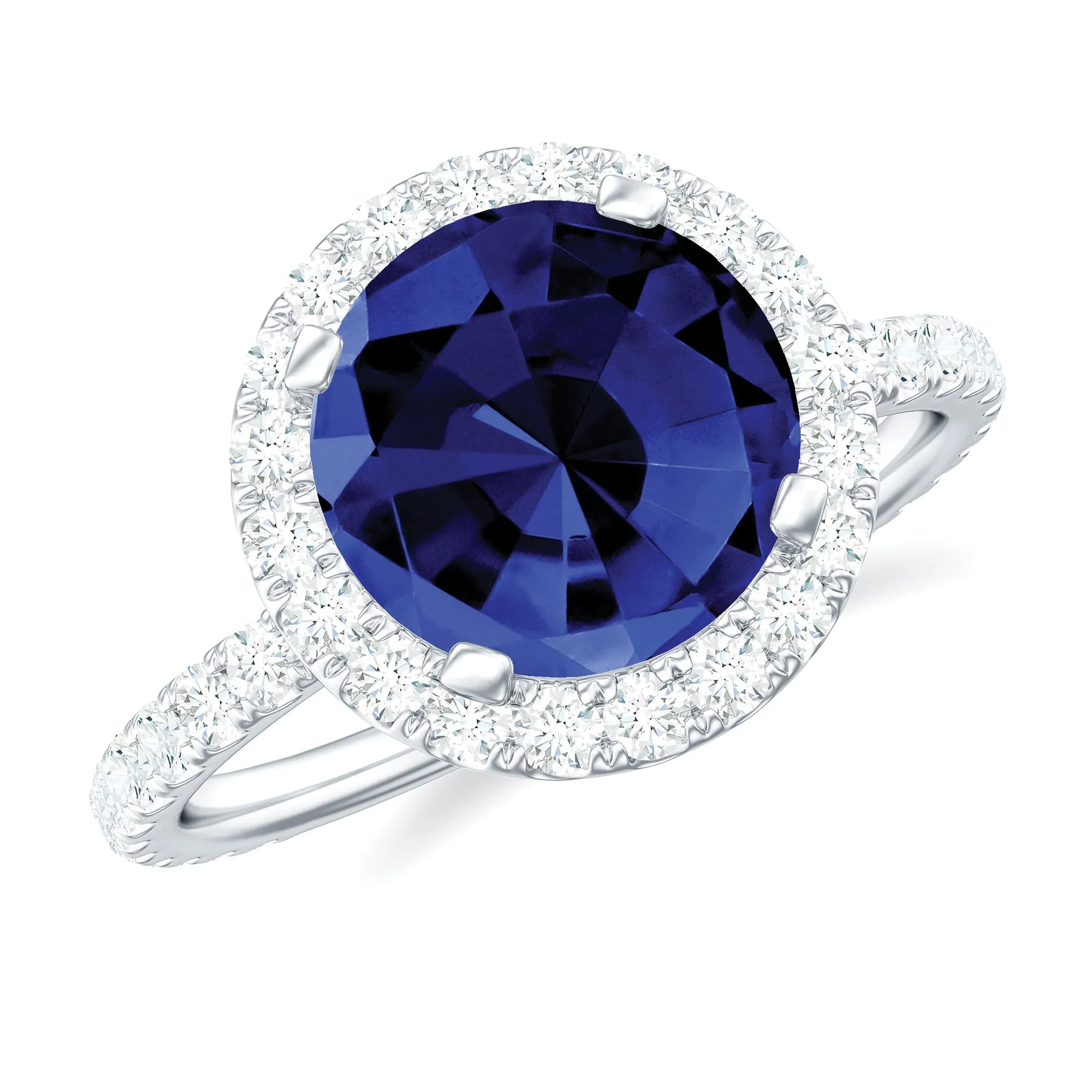 Round Created Blue Sapphire Classic Halo Engagement Ring with Diamond
