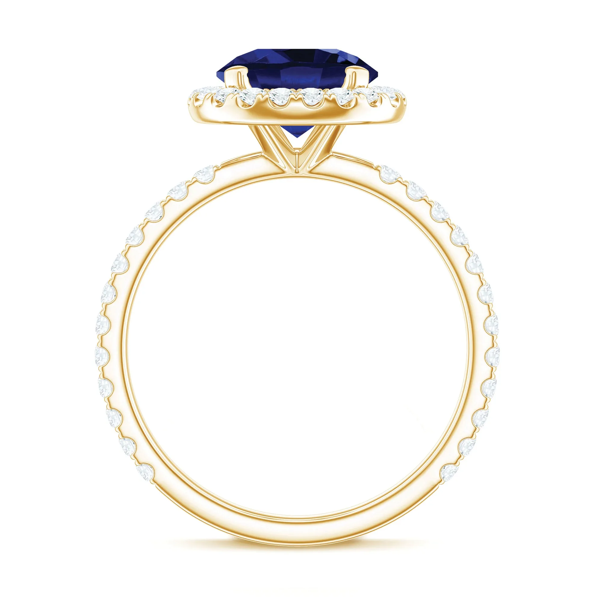 Round Created Blue Sapphire Classic Halo Engagement Ring with Diamond