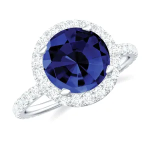 Round Created Blue Sapphire Classic Halo Engagement Ring with Diamond