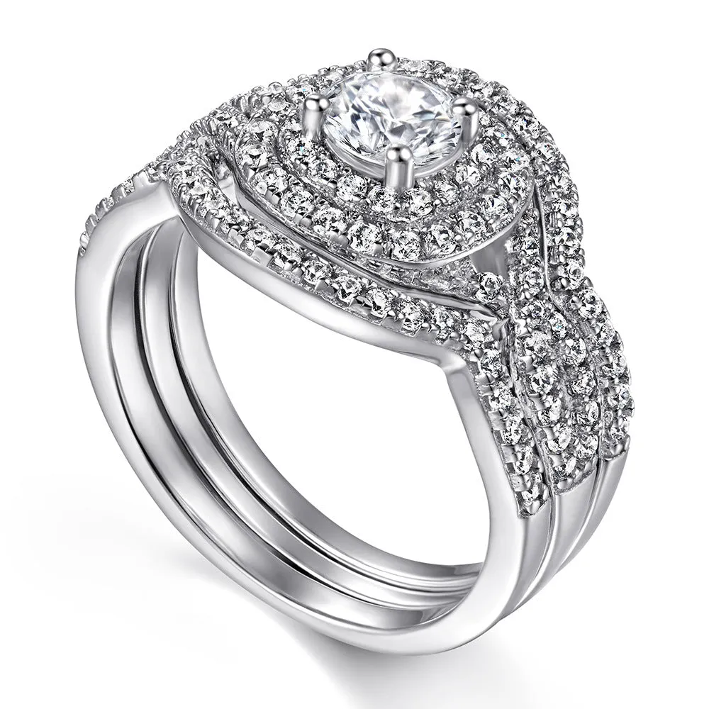 Round Cut Double Halo Engagement & Wedding 3 PCs Bridal Set Rings