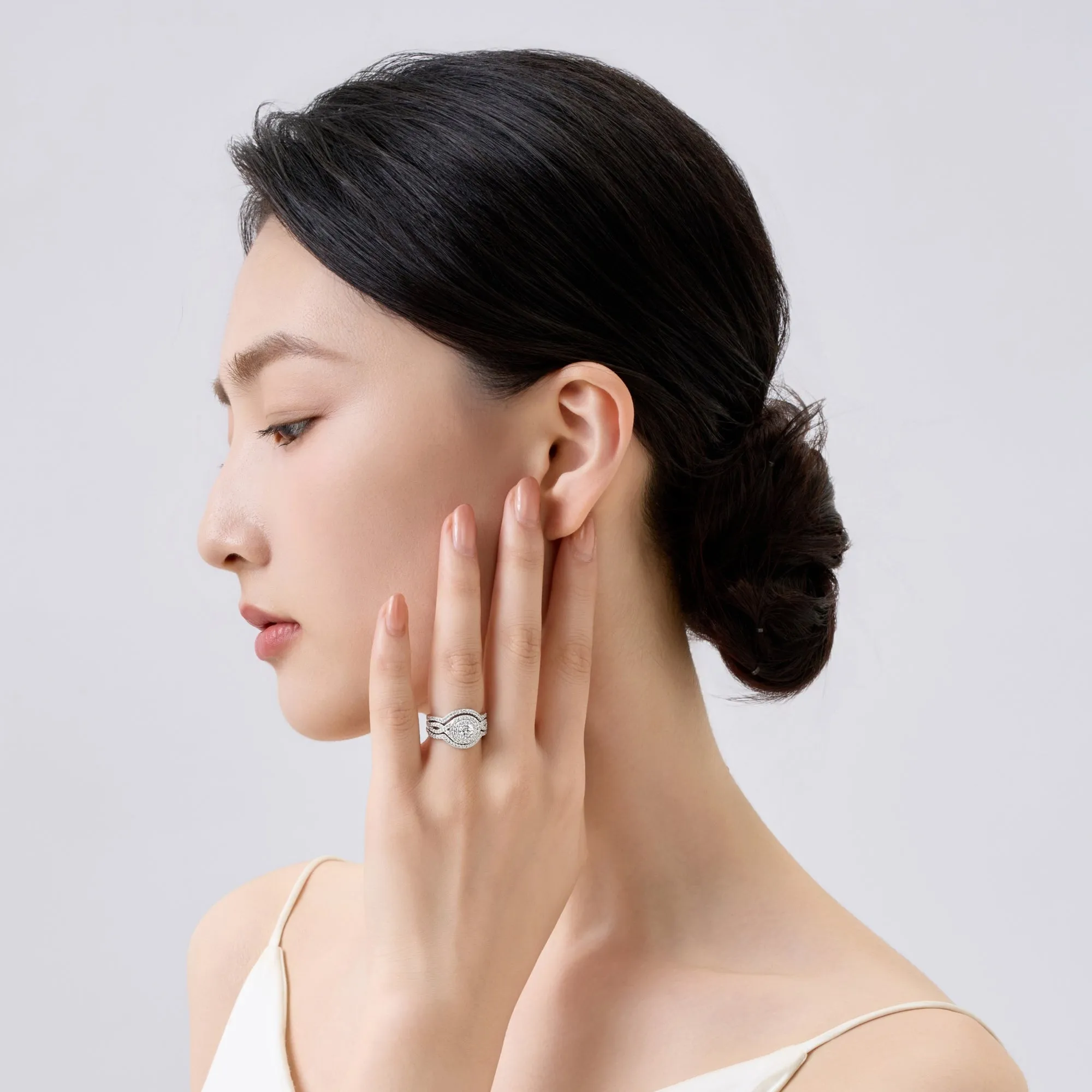 Round Cut Double Halo Engagement & Wedding 3 PCs Bridal Set Rings