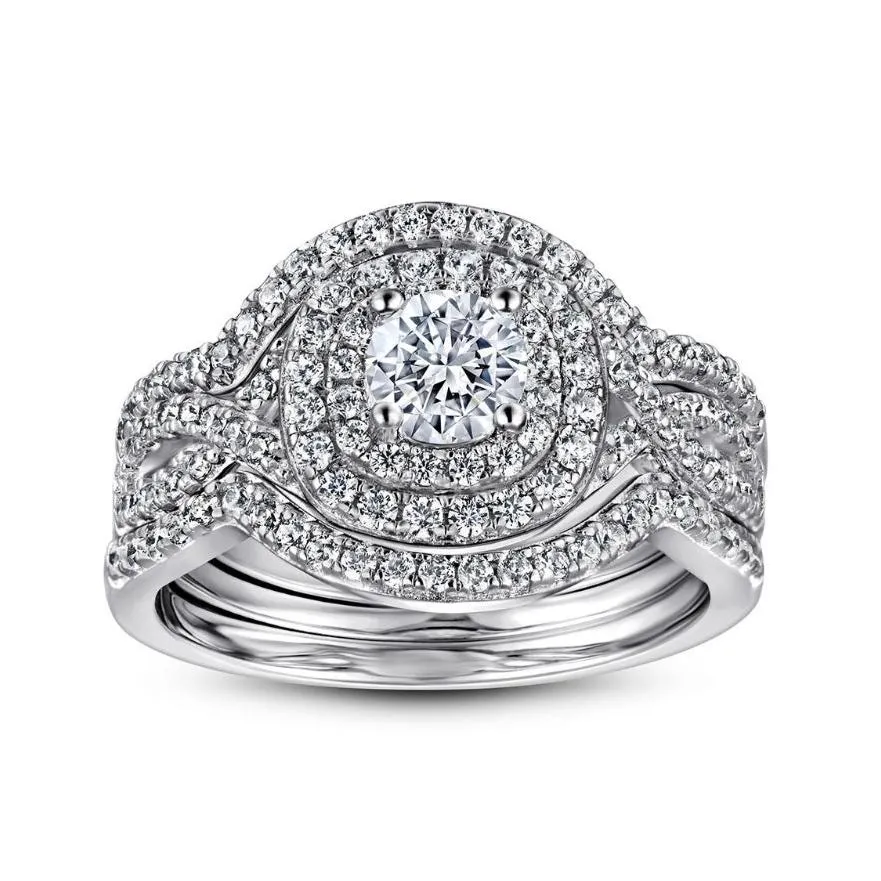 Round Cut Double Halo Engagement & Wedding 3 PCs Bridal Set Rings