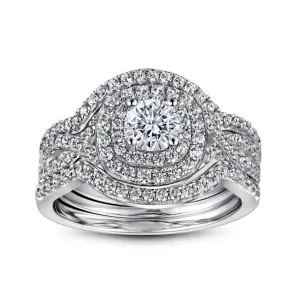 Round Cut Double Halo Engagement & Wedding 3 PCs Bridal Set Rings