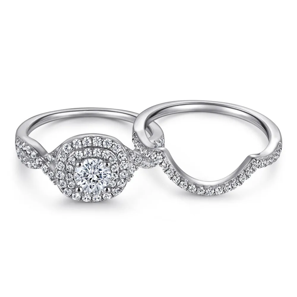 Round Cut Double Halo Engagement & Wedding 3 PCs Bridal Set Rings