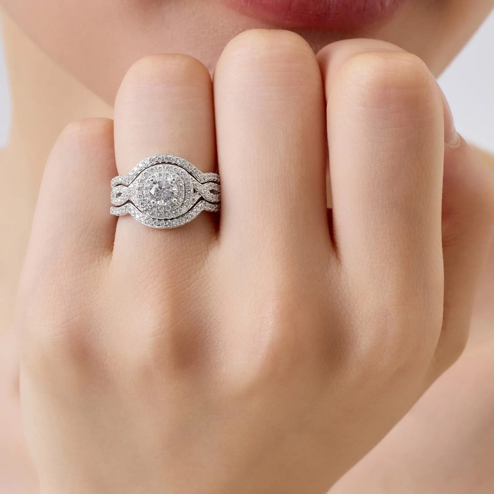Round Cut Double Halo Engagement & Wedding 3 PCs Bridal Set Rings