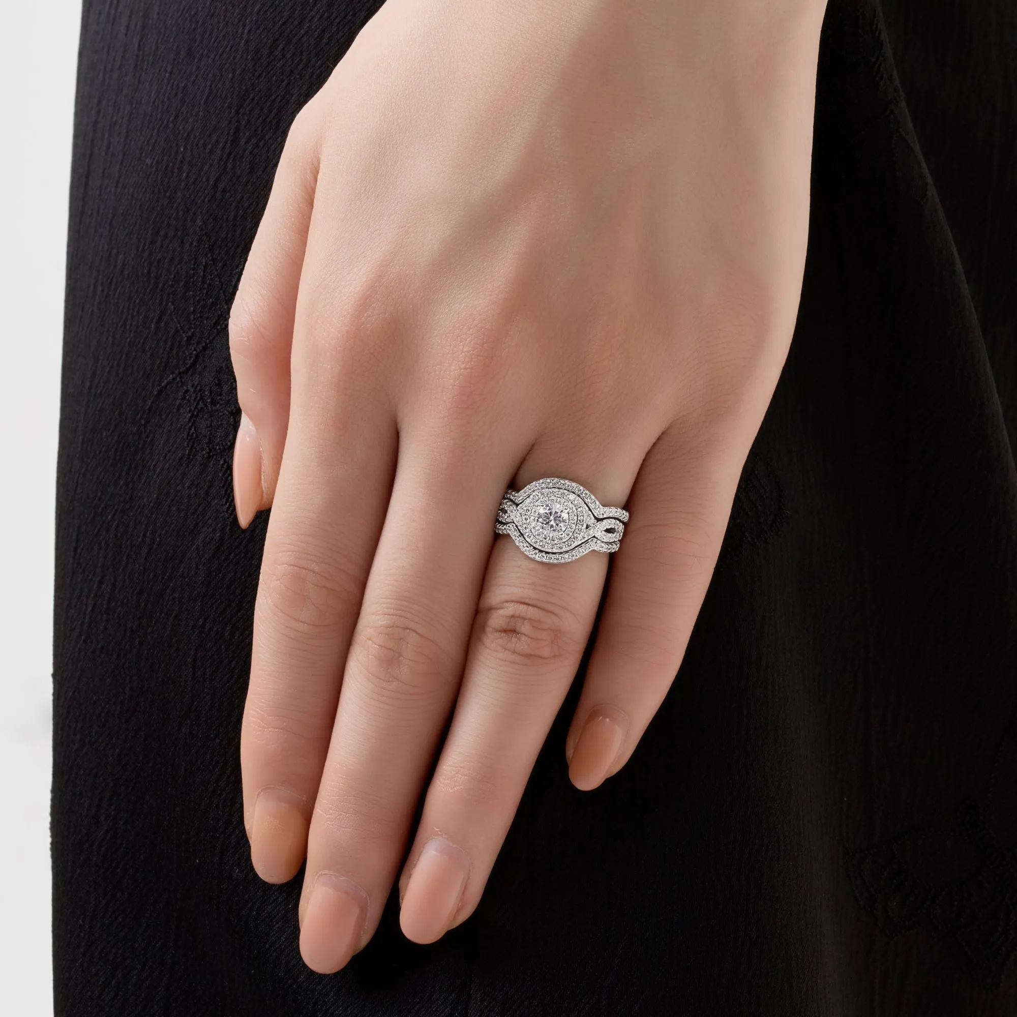 Round Cut Double Halo Engagement & Wedding 3 PCs Bridal Set Rings