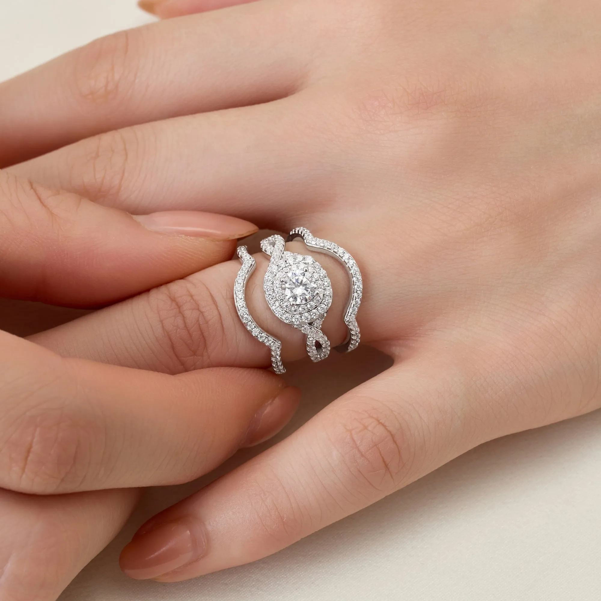 Round Cut Double Halo Engagement & Wedding 3 PCs Bridal Set Rings