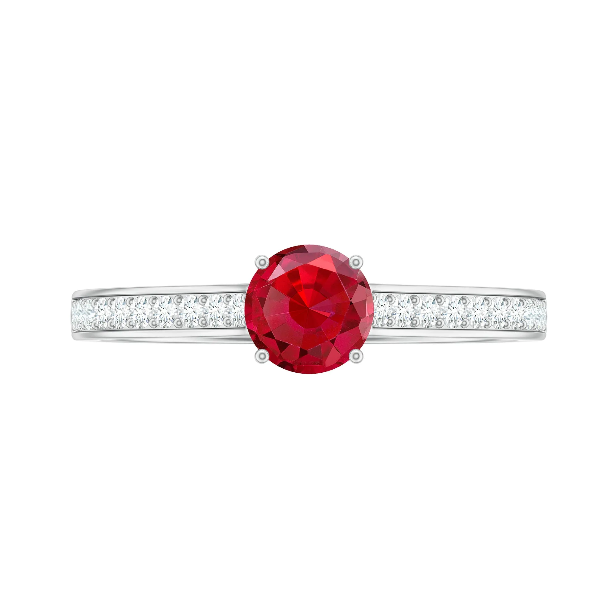 Round Lab Grown Ruby Solitaire Engagement Ring with Diamond Side Stones