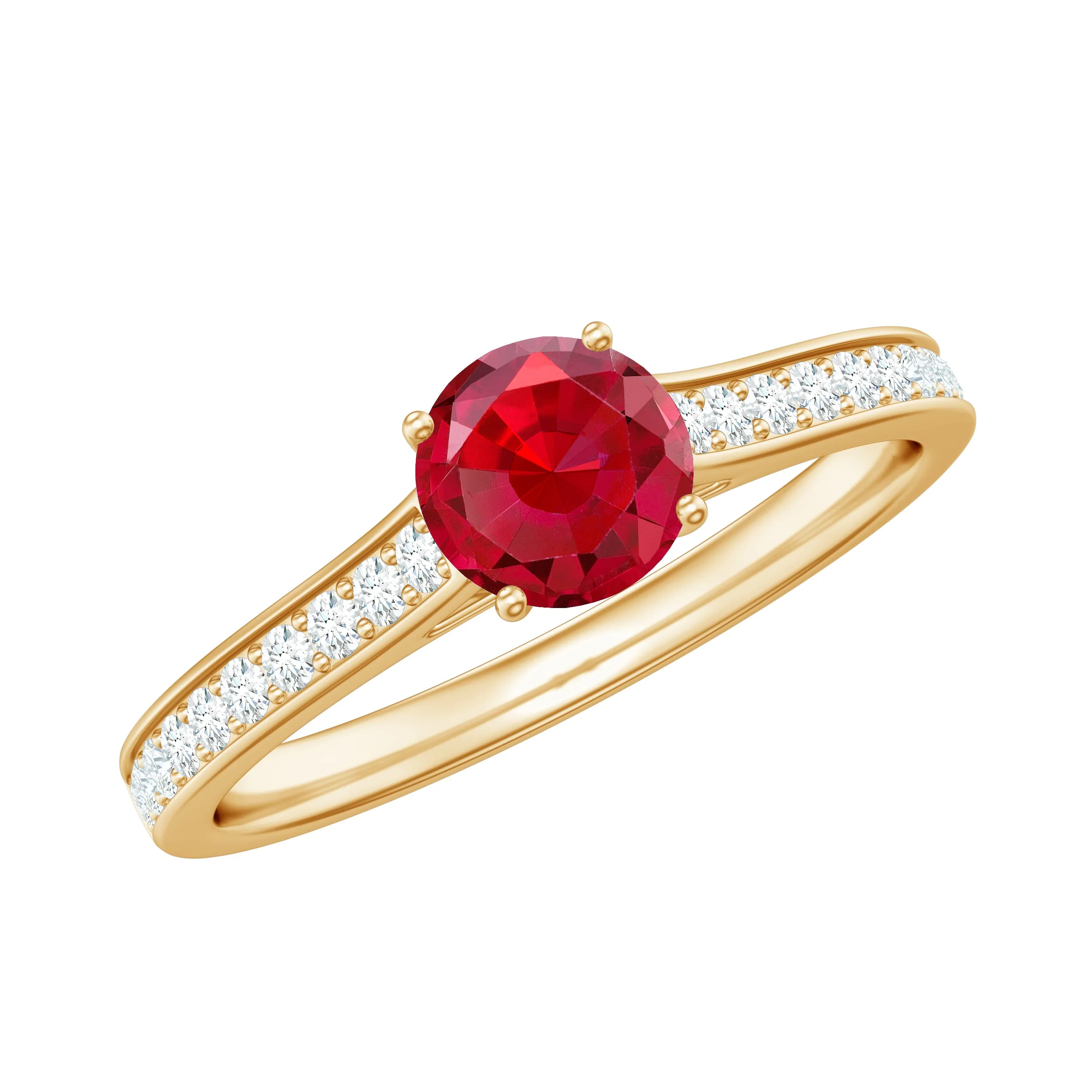 Round Lab Grown Ruby Solitaire Engagement Ring with Diamond Side Stones