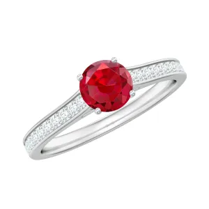 Round Lab Grown Ruby Solitaire Engagement Ring with Diamond Side Stones