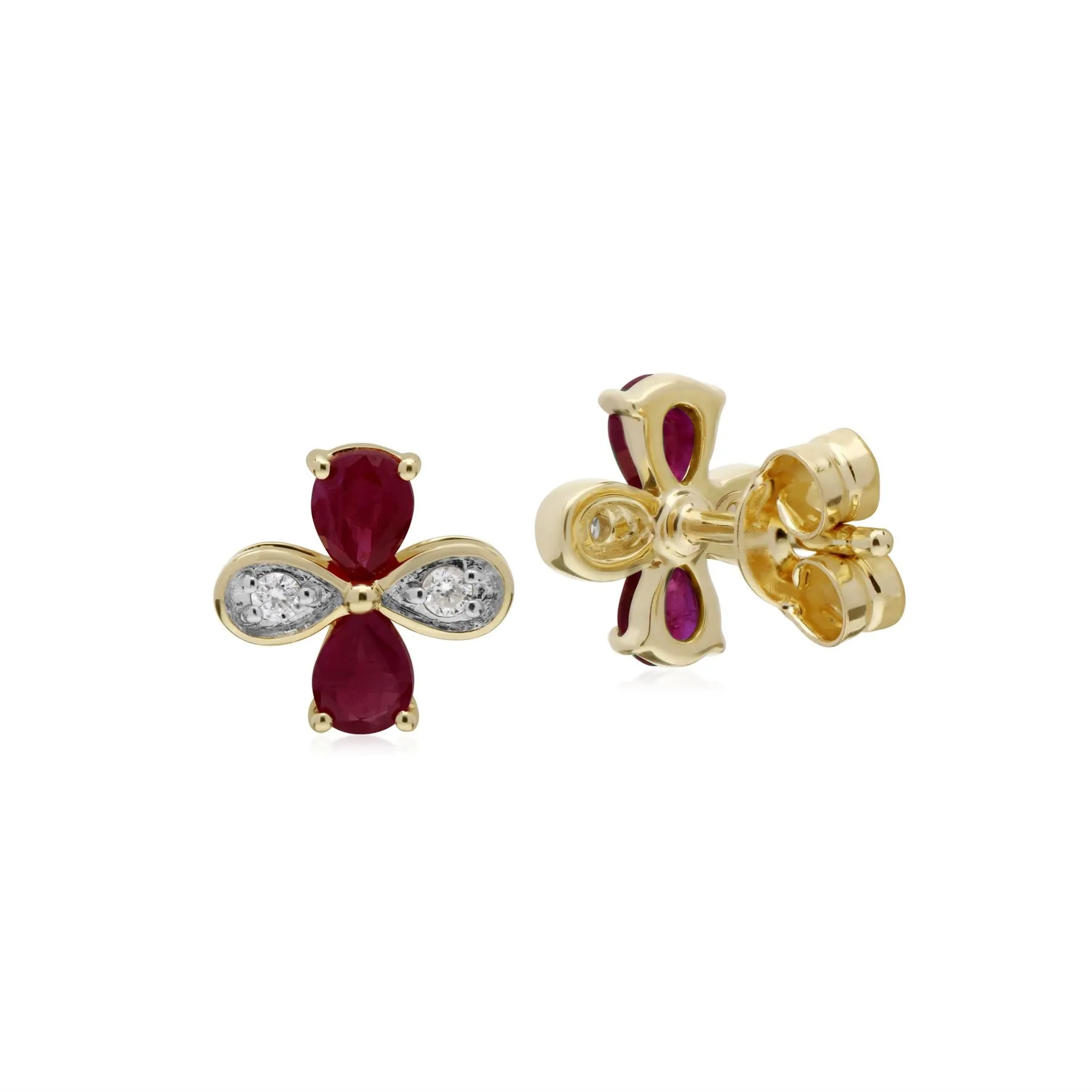 Rubin Ohrringe, 9 Karat Gelbgold Rubin & Diamant Blumenmuster Ohrringe