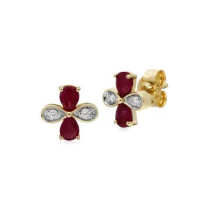 Rubin Ohrringe, 9 Karat Gelbgold Rubin & Diamant Blumenmuster Ohrringe