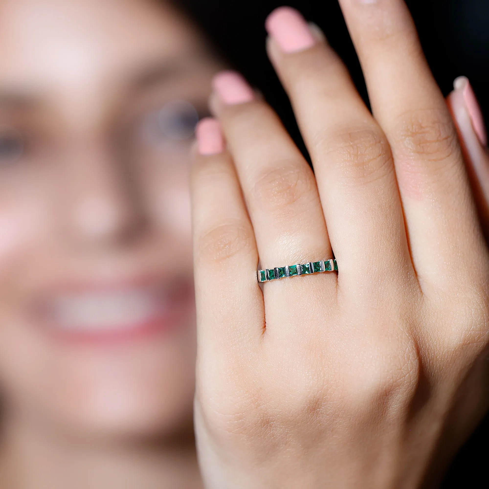Simple Lab Created Emerald Eternity Wedding Band Ring