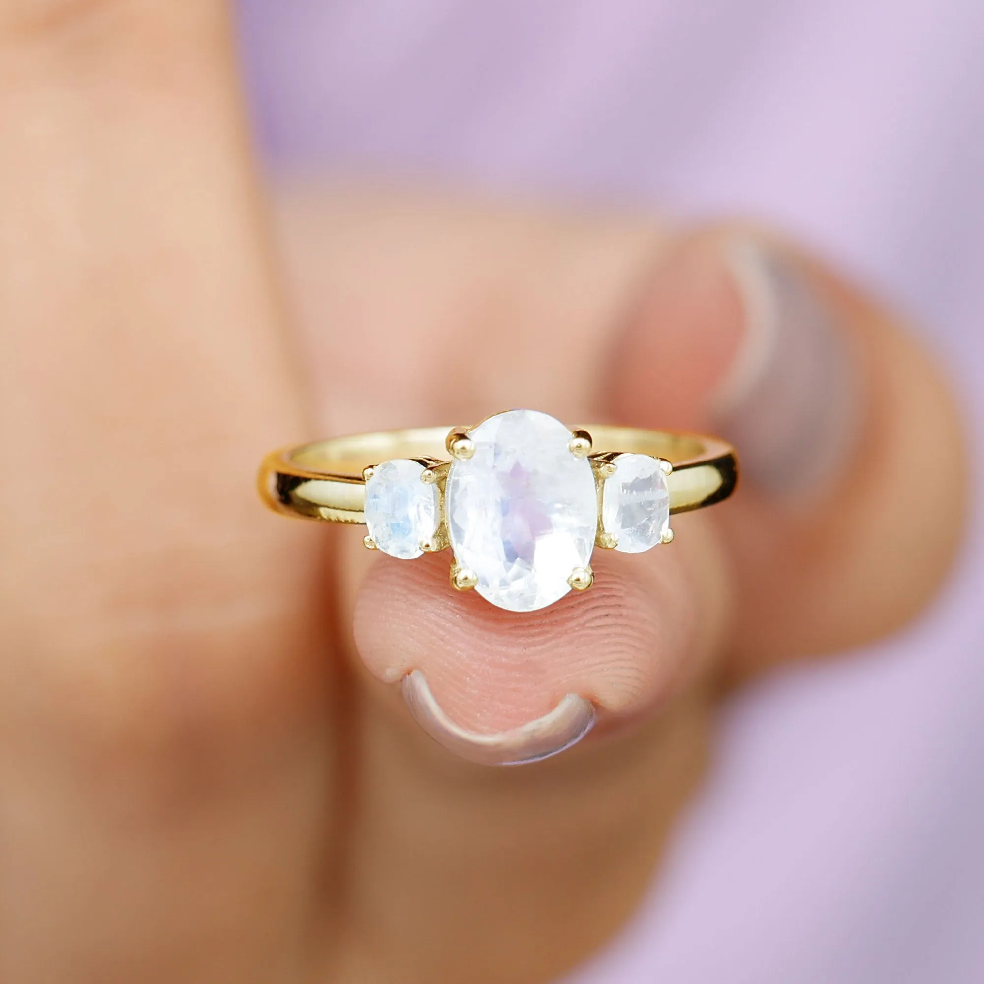 Simple Three Stone Ring with Oval Shape Moonstone