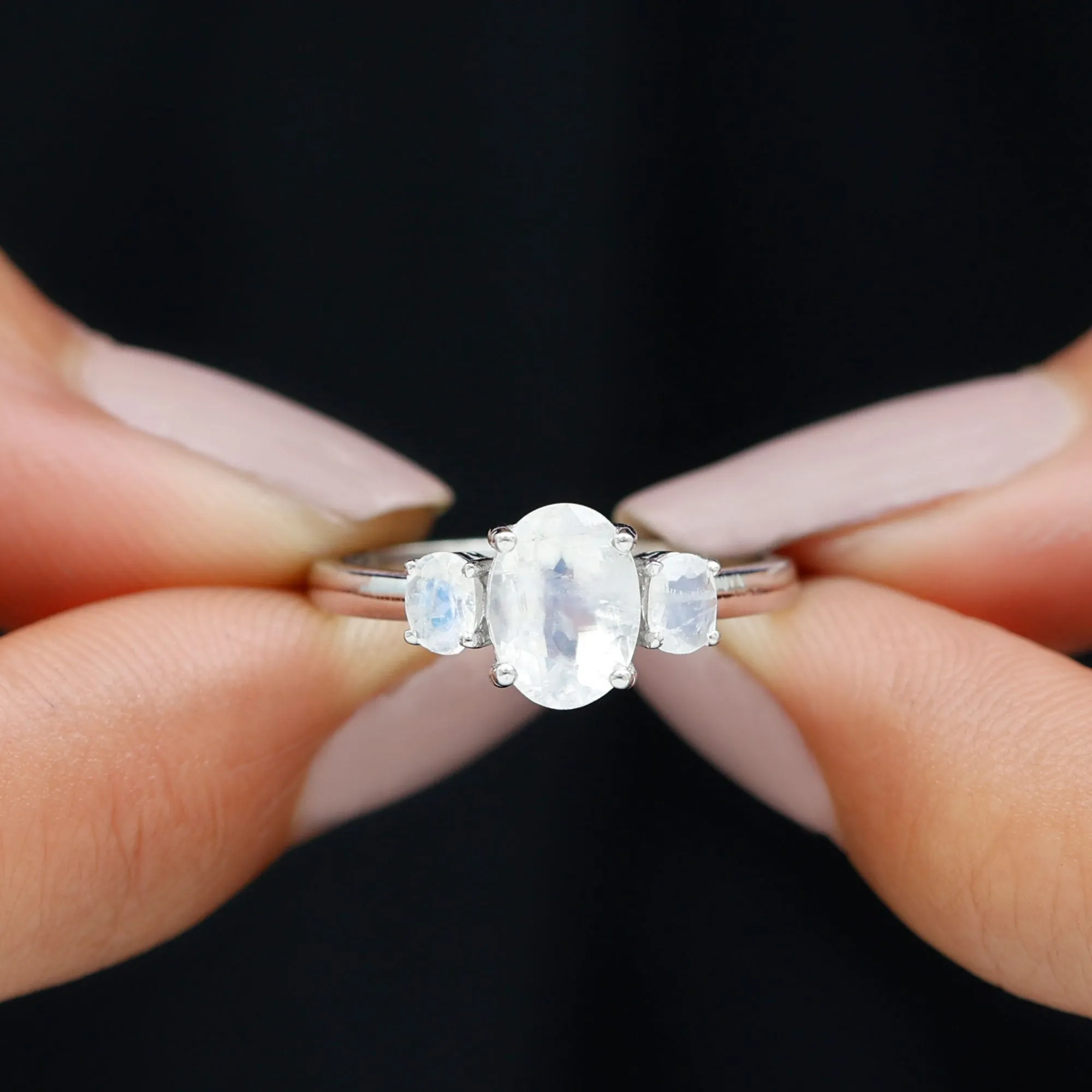 Simple Three Stone Ring with Oval Shape Moonstone