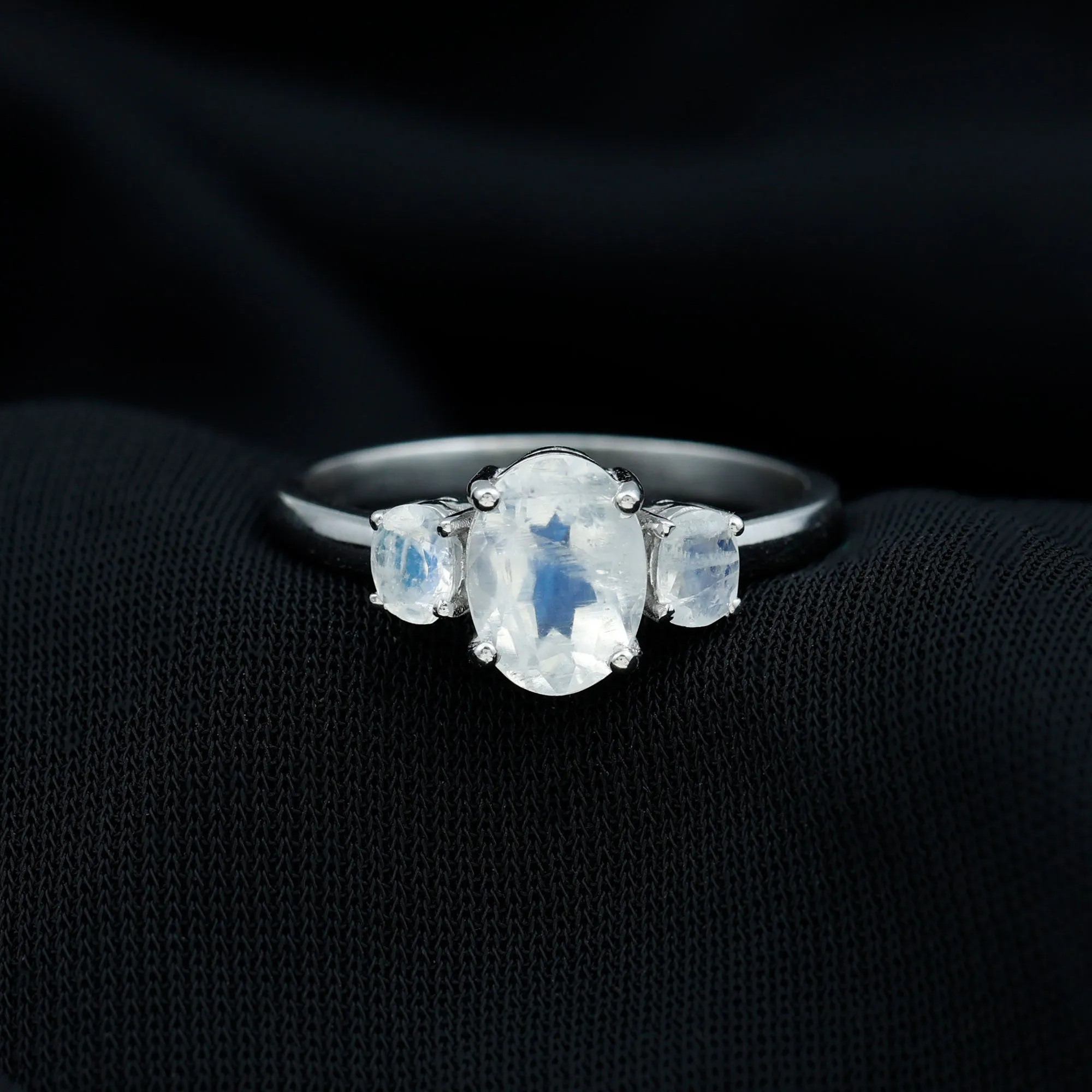 Simple Three Stone Ring with Oval Shape Moonstone