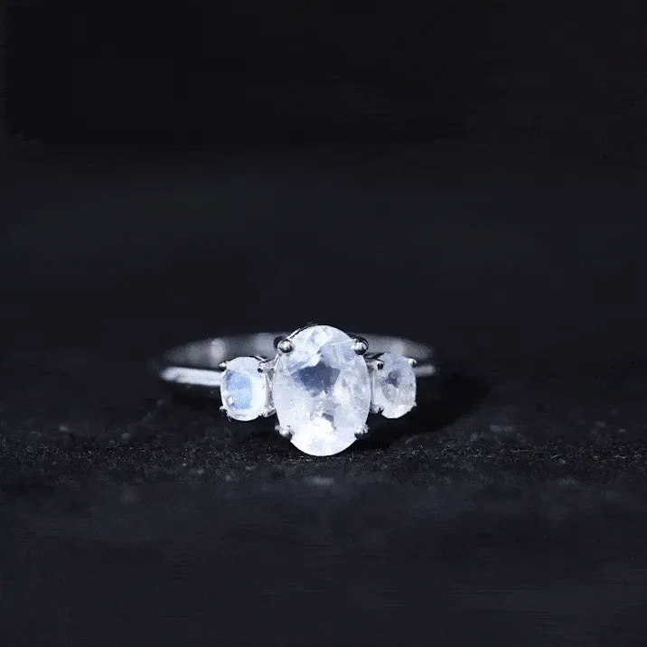 Simple Three Stone Ring with Oval Shape Moonstone