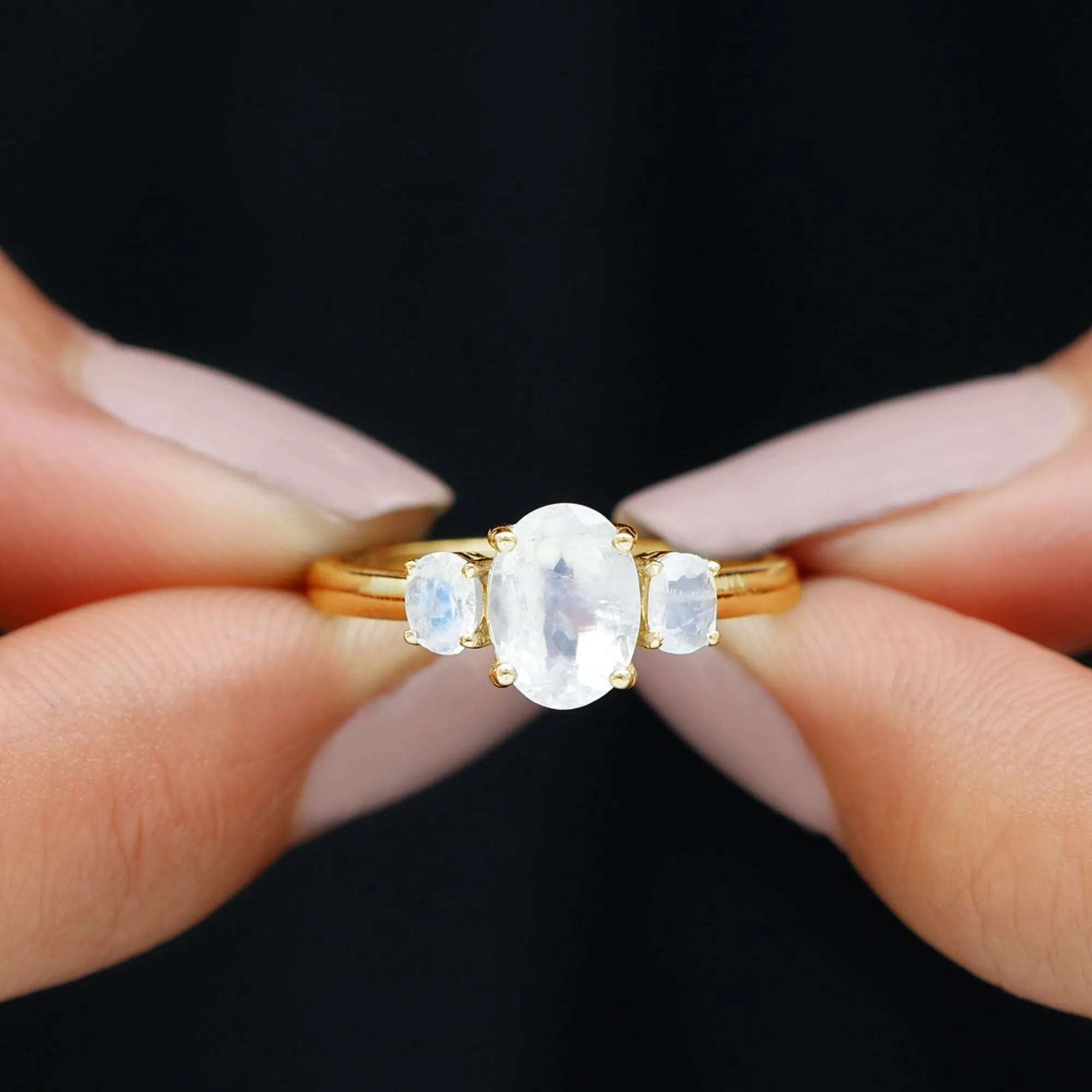 Simple Three Stone Ring with Oval Shape Moonstone