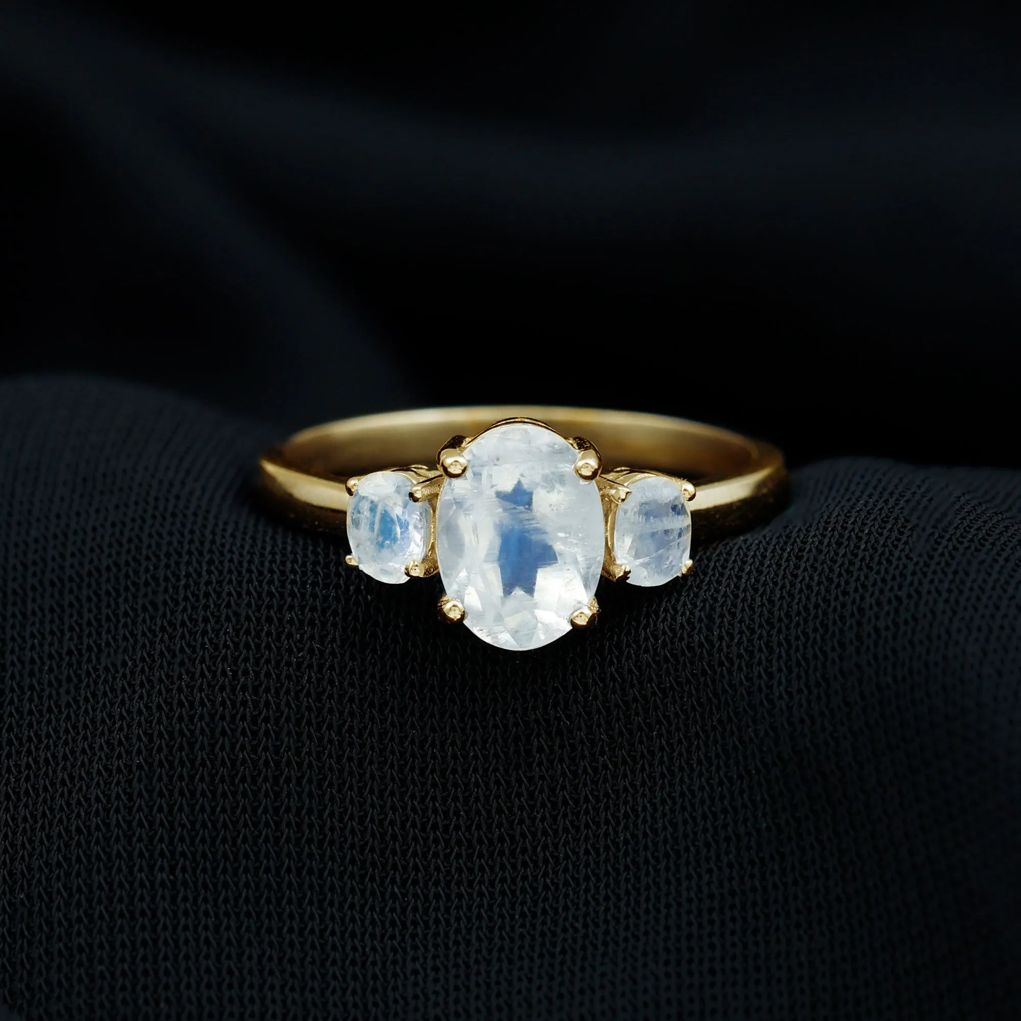 Simple Three Stone Ring with Oval Shape Moonstone