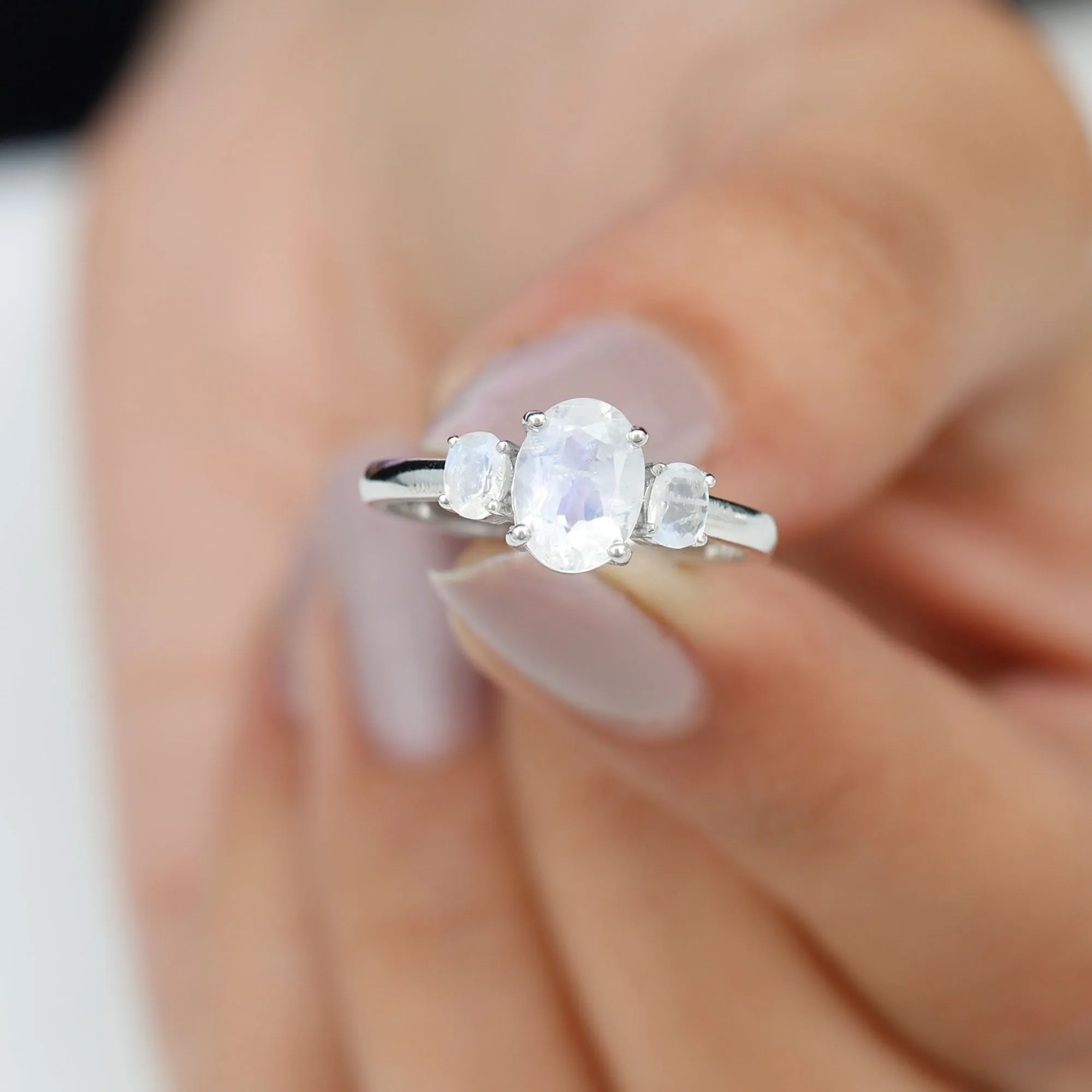 Simple Three Stone Ring with Oval Shape Moonstone