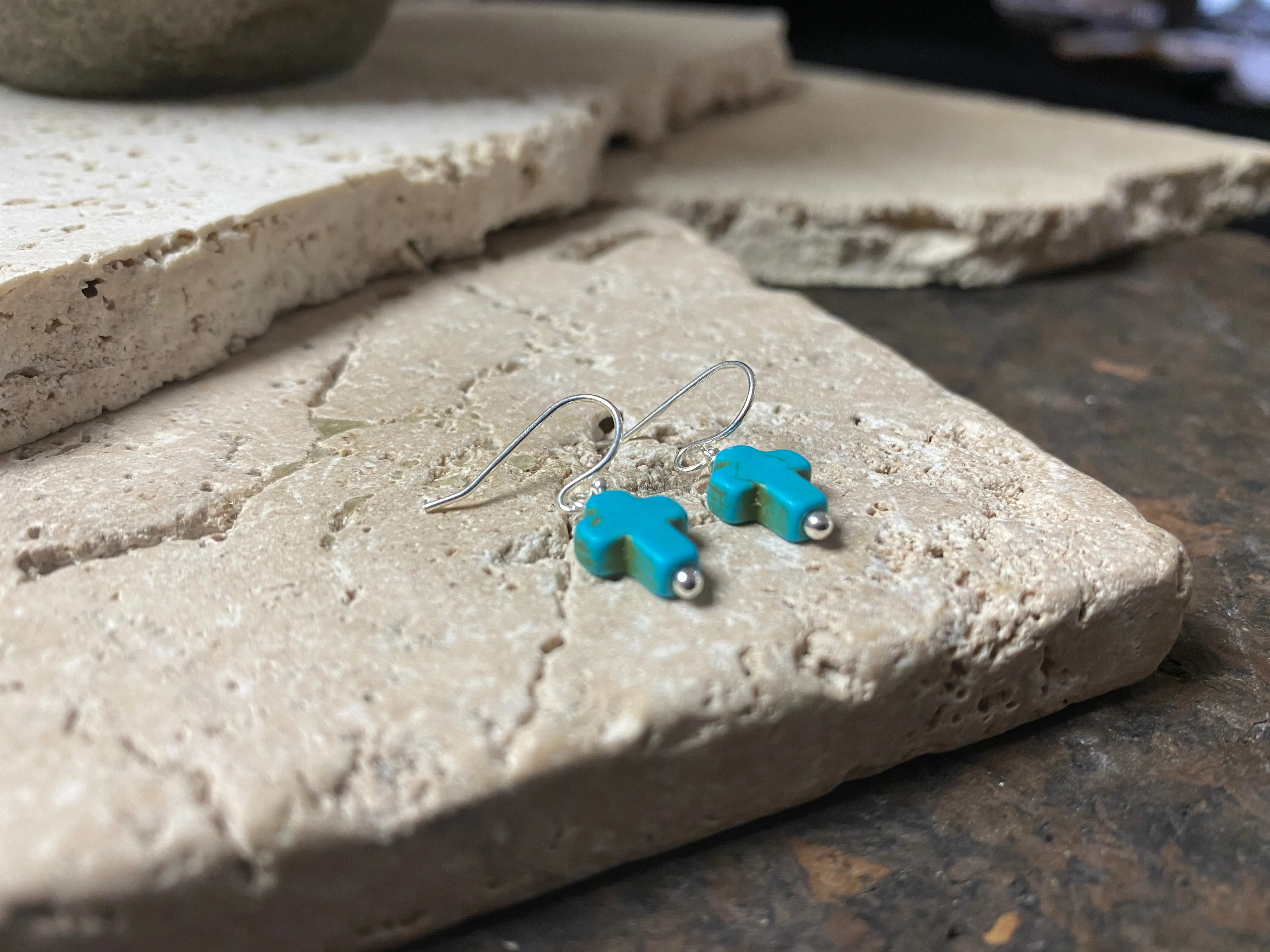 Small Turquoise Blue Silver Cross Earrings