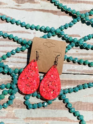 Sparkle Teardrop Earrings || Coral Glitter