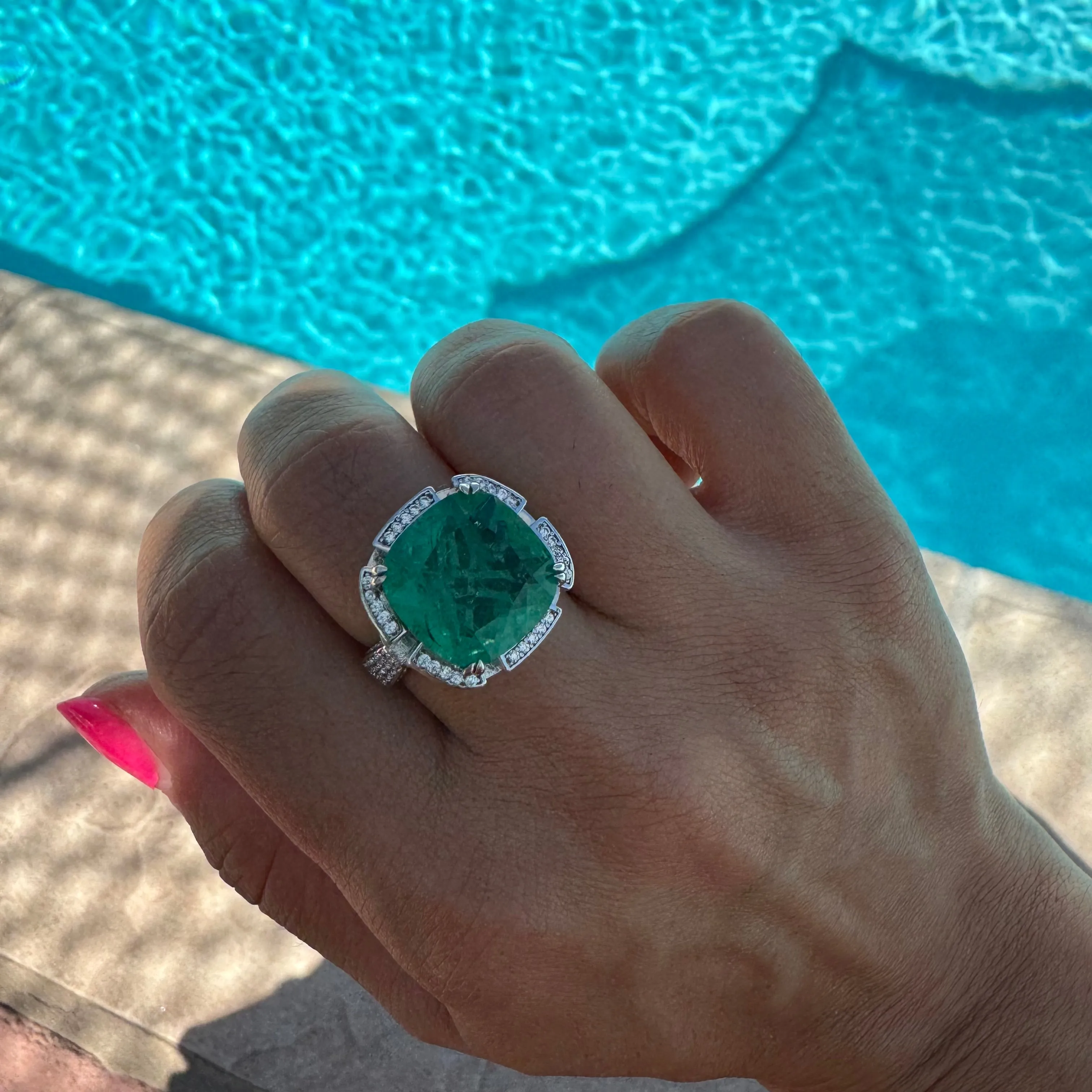 Sterling silver cushion cut emerald statement ring