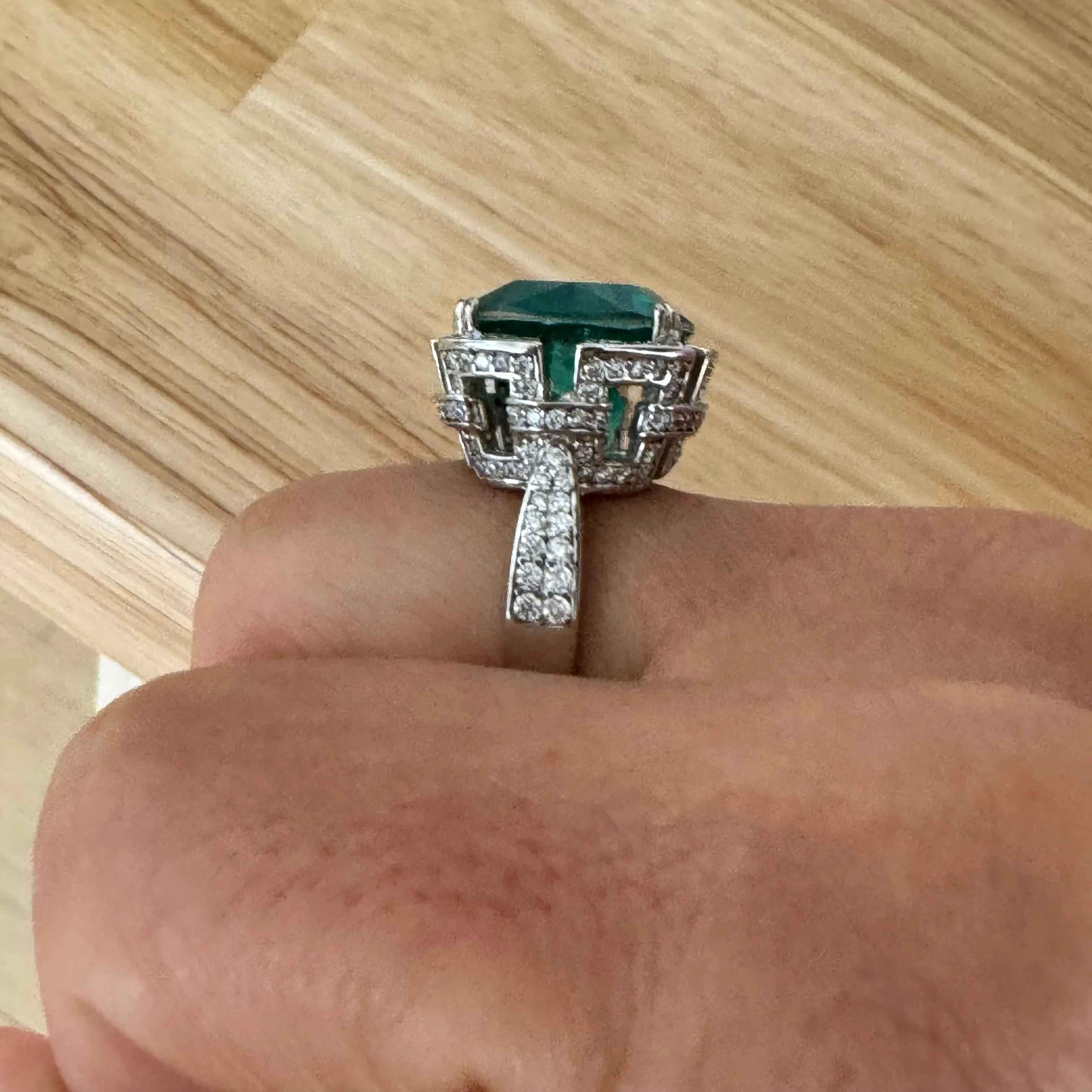 Sterling silver cushion cut emerald statement ring