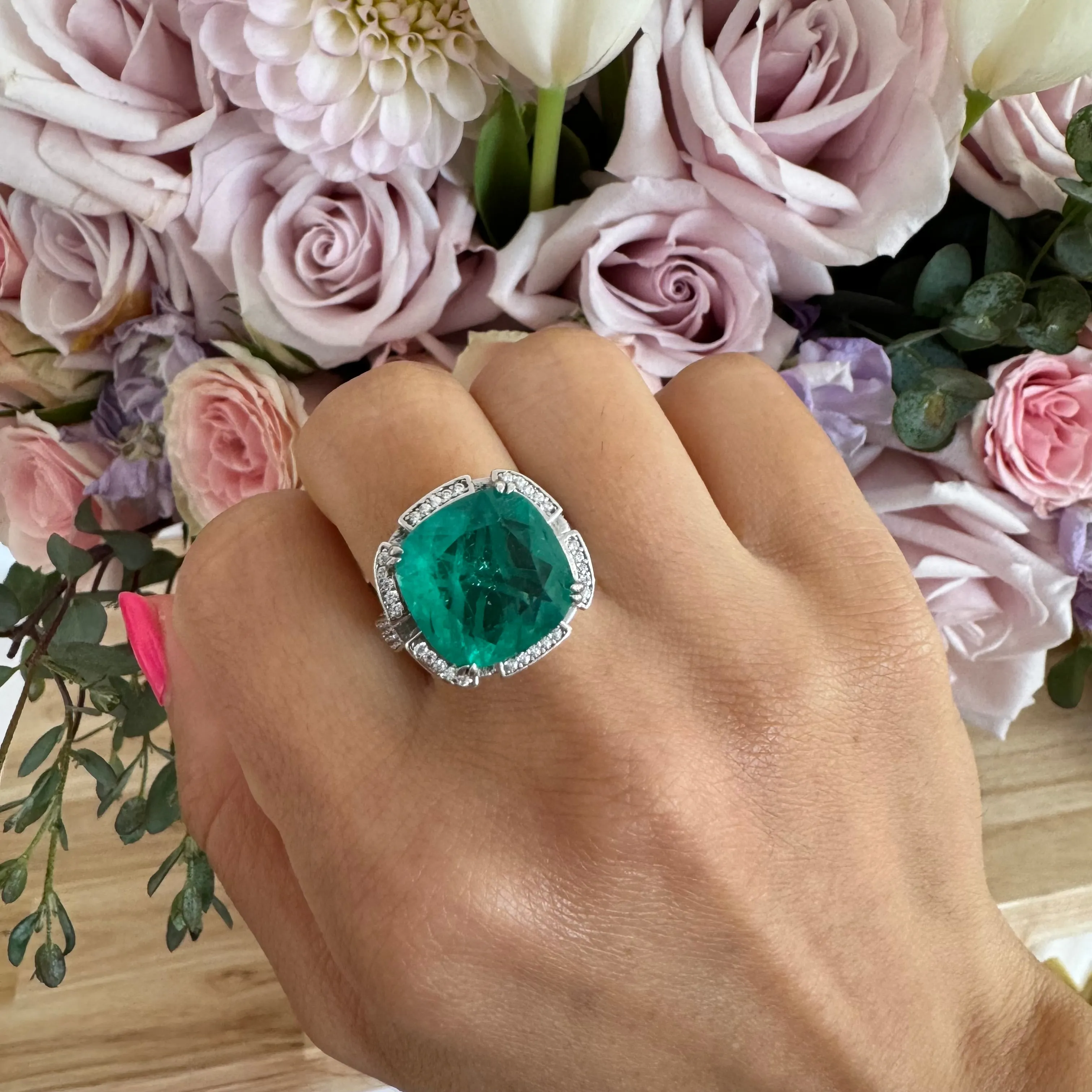 Sterling silver cushion cut emerald statement ring