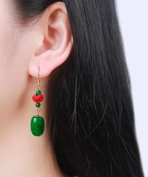 Sterling Silver Jade Cinnabar Drop Earrings