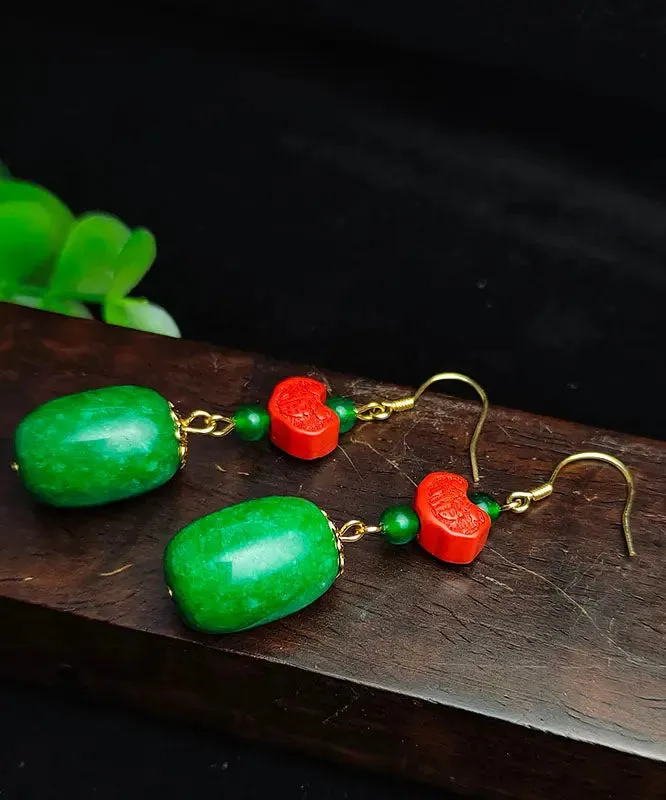 Sterling Silver Jade Cinnabar Drop Earrings