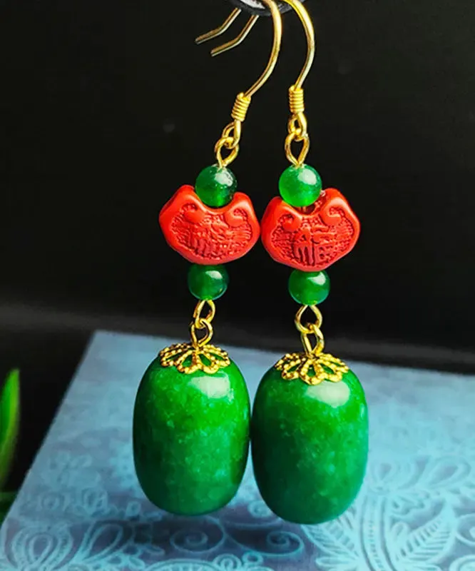 Sterling Silver Jade Cinnabar Drop Earrings