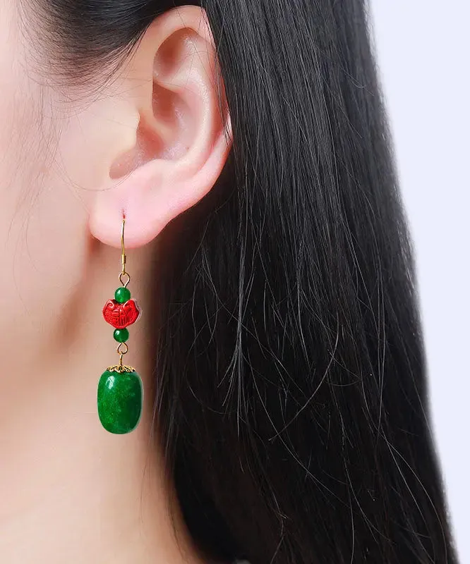 Sterling Silver Jade Cinnabar Drop Earrings
