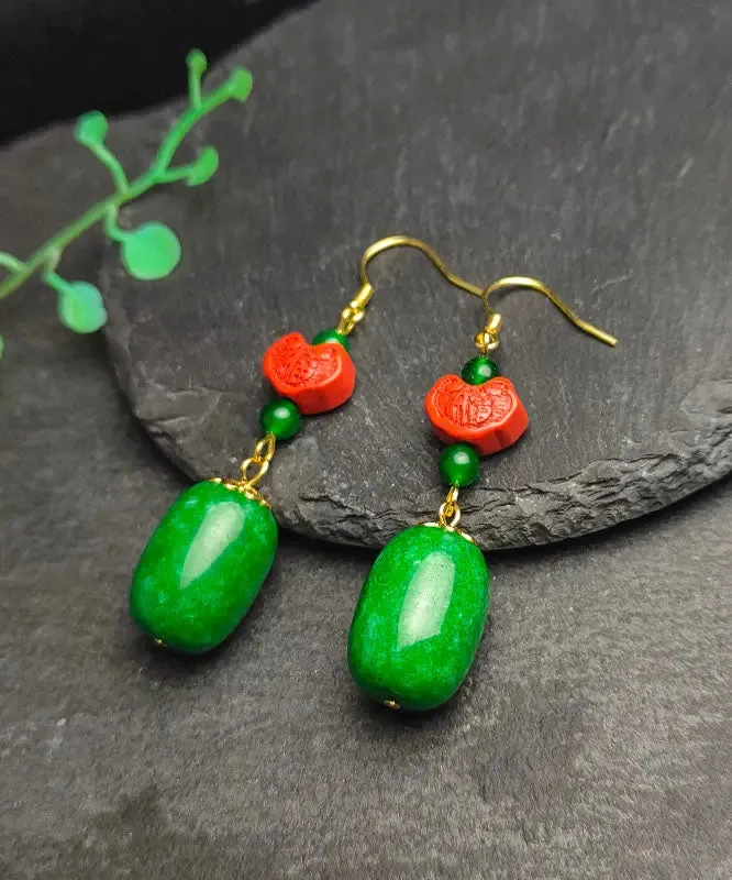 Sterling Silver Jade Cinnabar Drop Earrings