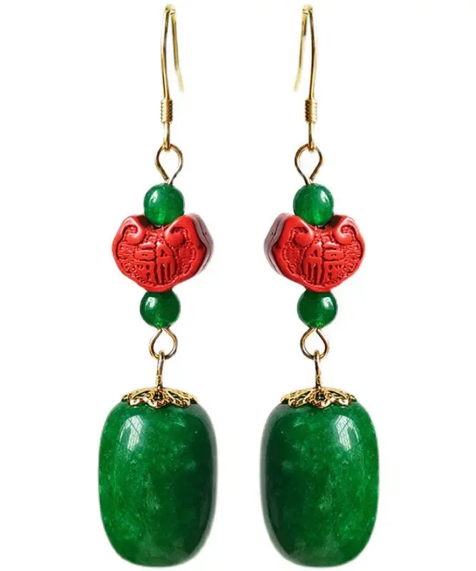 Sterling Silver Jade Cinnabar Drop Earrings