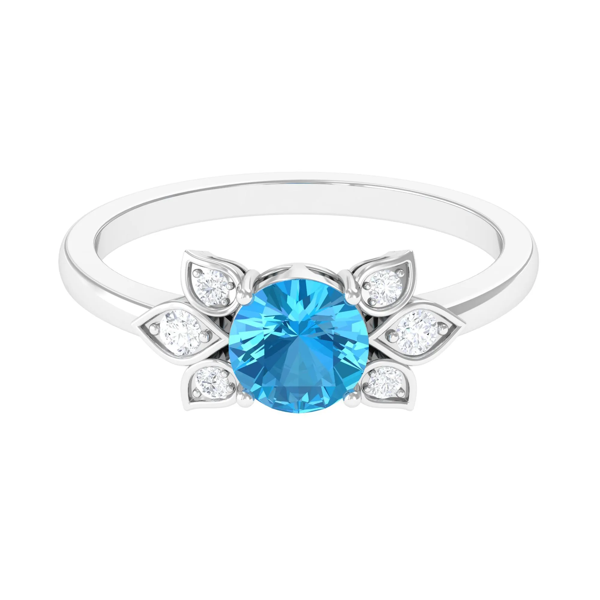 Swiss Blue Topaz Solitaire Flower Ring with Diamond